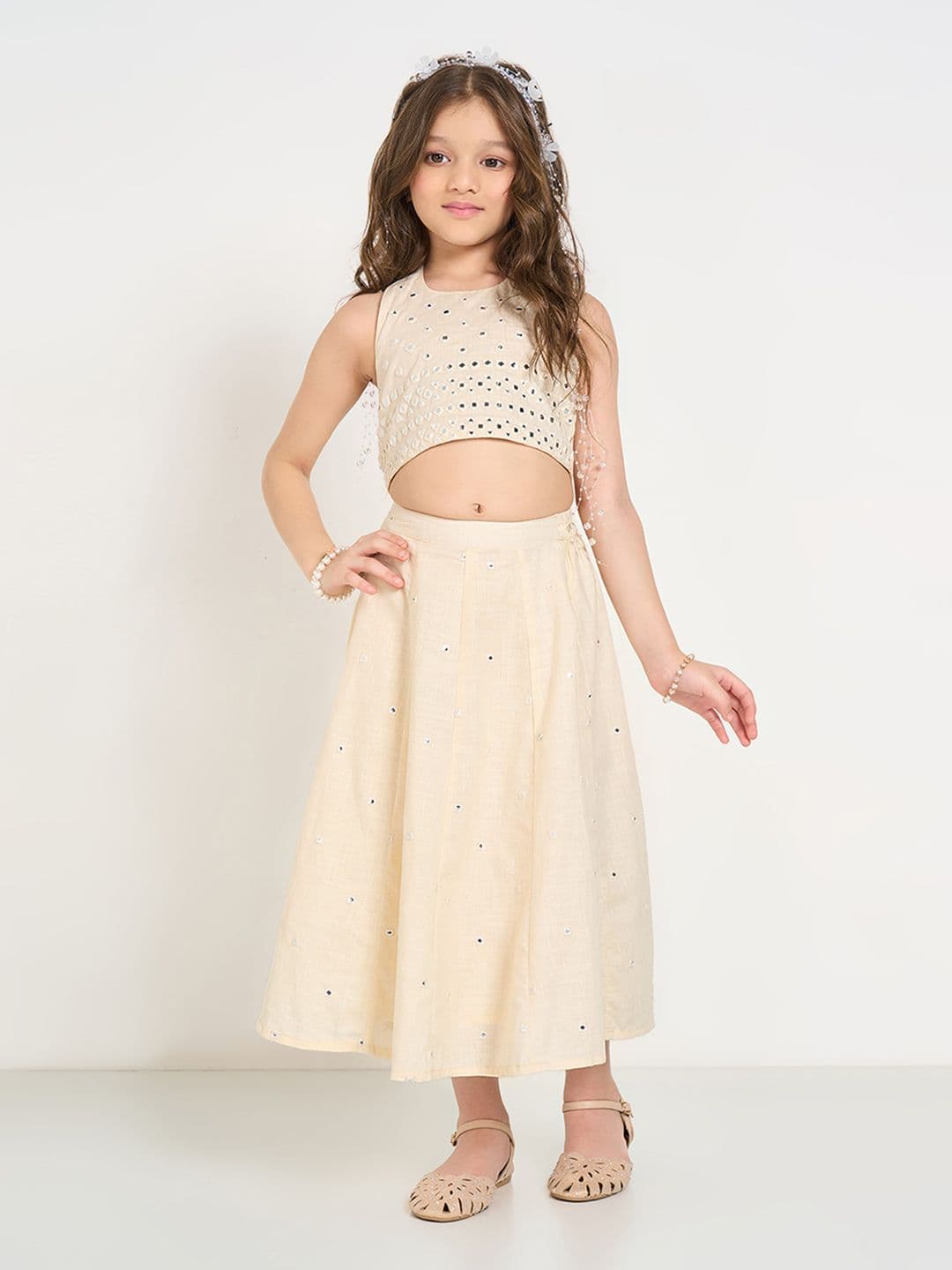 AKKRITI BY PANTALOONS Girls Embroidered Sequinned Ready To Wear Cotton Lehenga & Choli - view 1