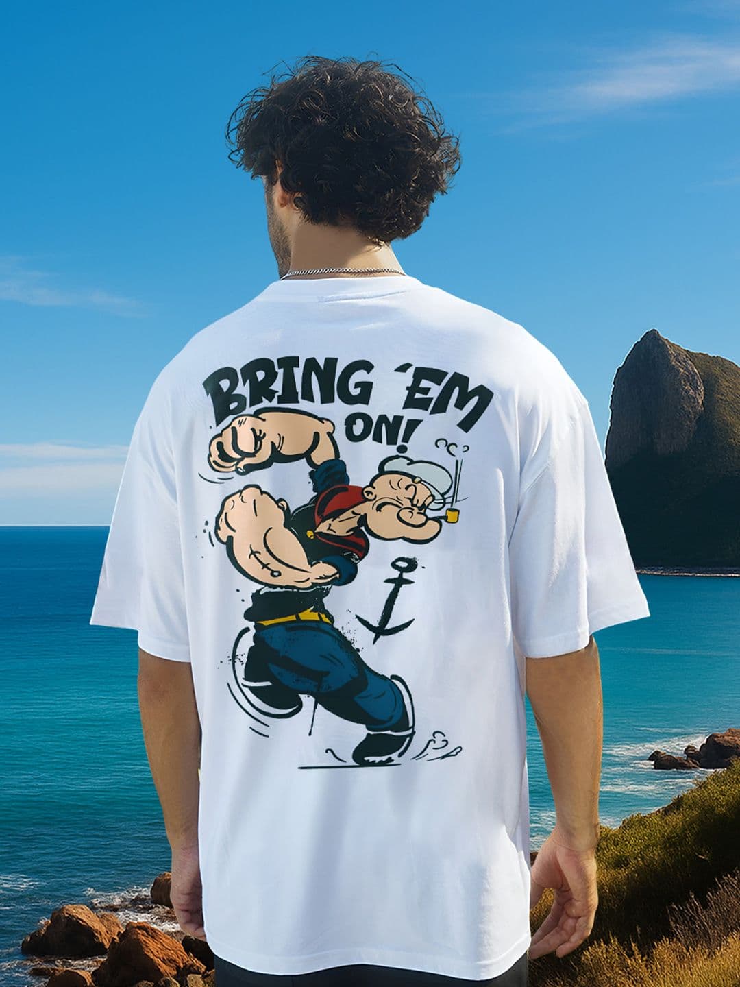 BDSQUARE Men White Popeye Printed Round Neck Oversized Cotton Causal T-shirt - view 1