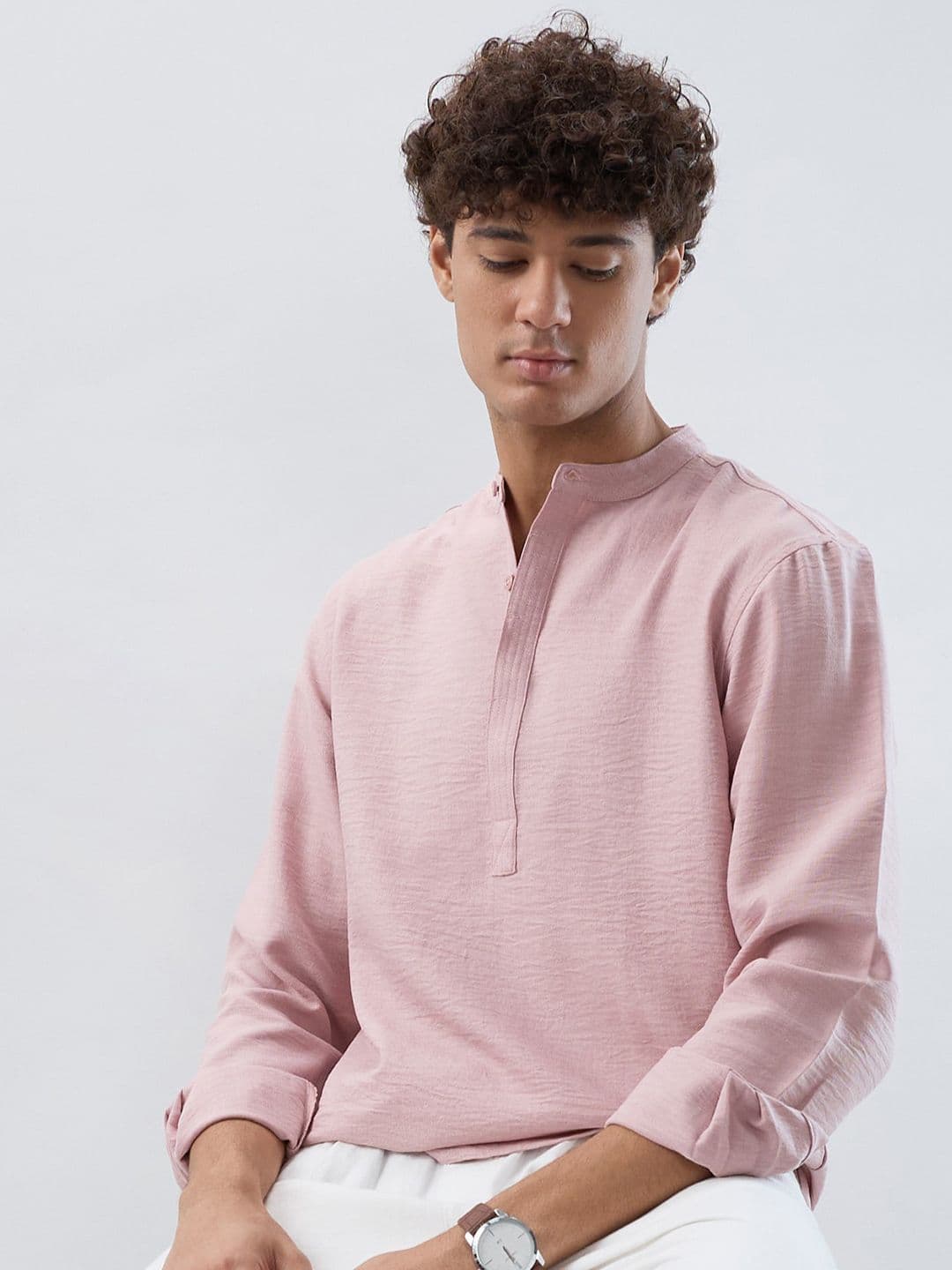 HERE&NOW Band Collar Roll-Up Sleeves Straight Kurta - view 1