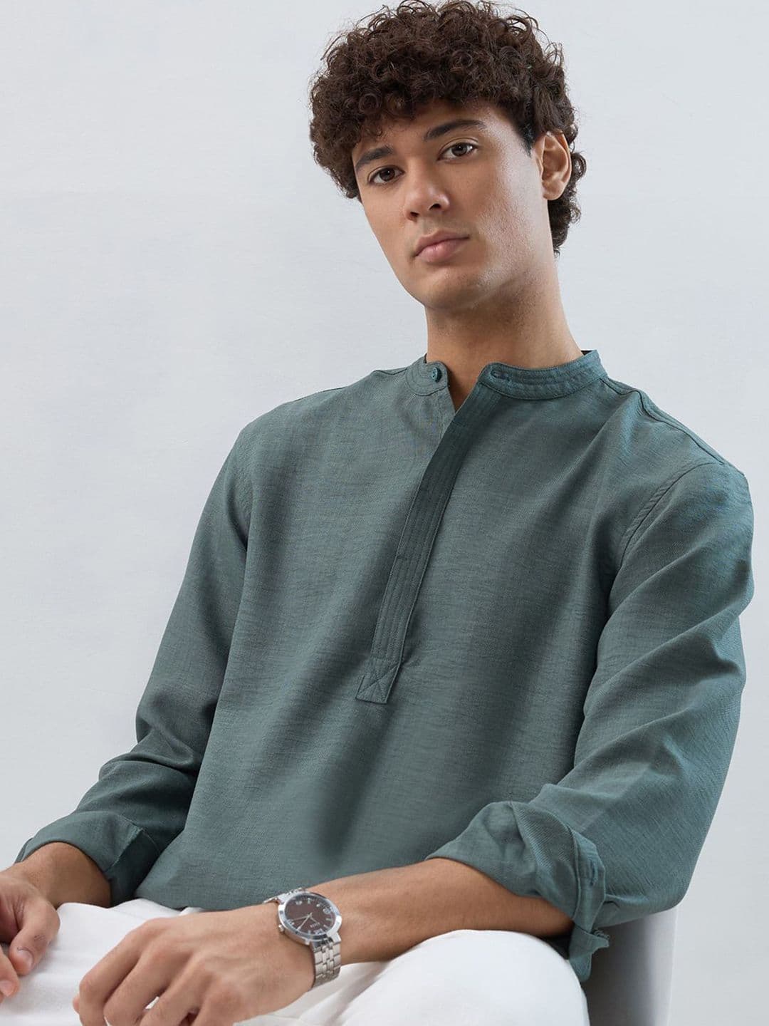 HERE&NOW Band Collar Roll-Up Sleeves Straight Kurta - view 1