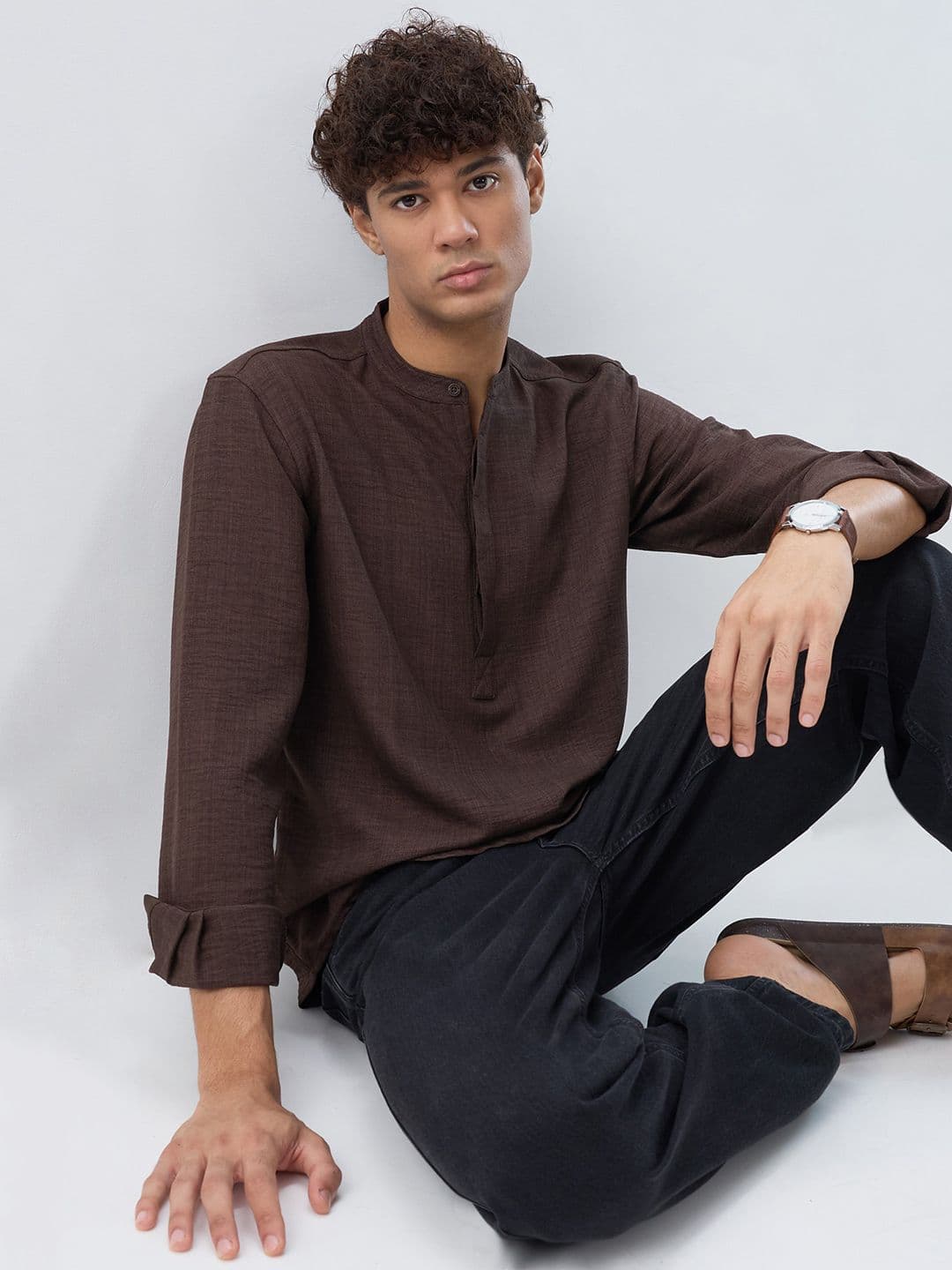 HERE&NOW Band Collar Roll-Up Sleeves Straight Kurta - view 1