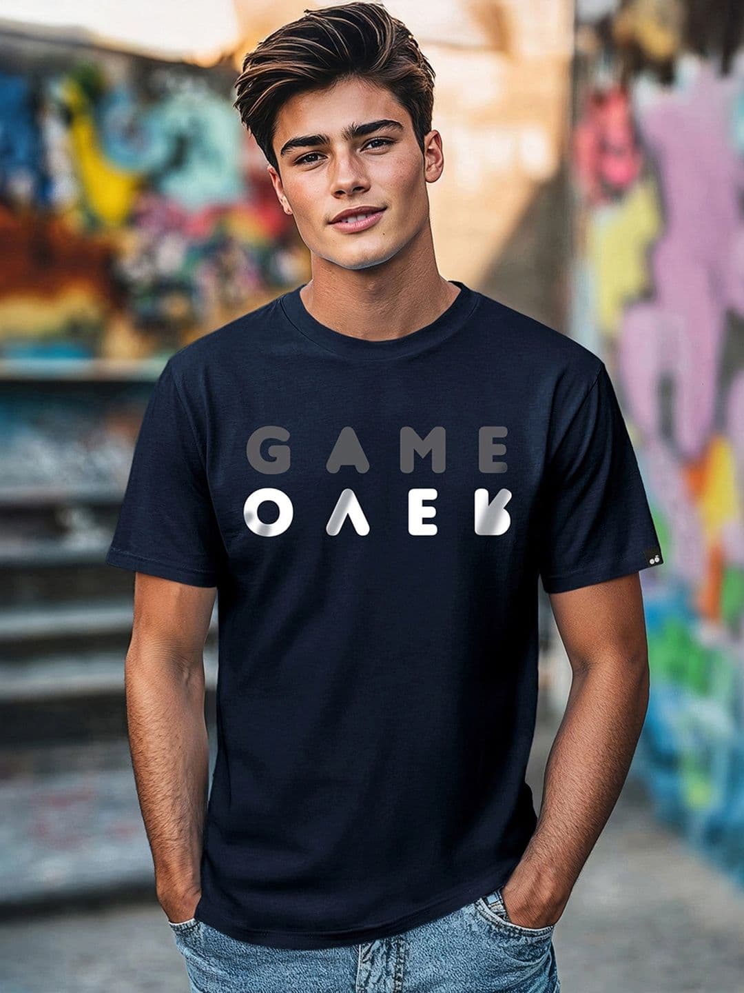 Bewakoof Men Navy Blue Game Over Printed Round Neck Pure Cotton T-shirt - view 1