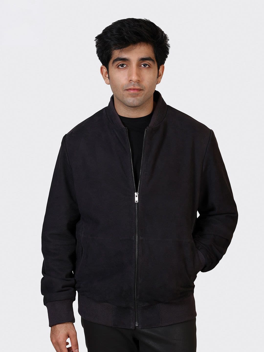 HUE & HIDE Men Stand Collar Solid Checked Bomber Suede Leather Jacket - view 1