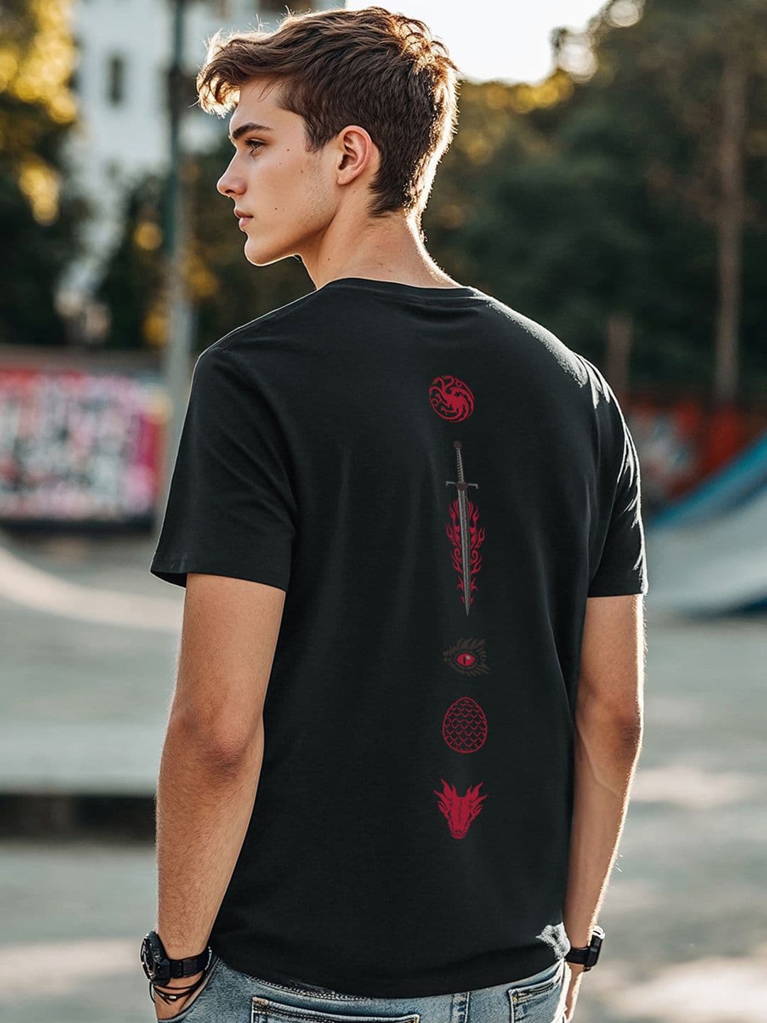 Bewakoof Men Black House Of The Dragon Iconic Graphic Back Pure Cotton Printed T-shirt - view 1