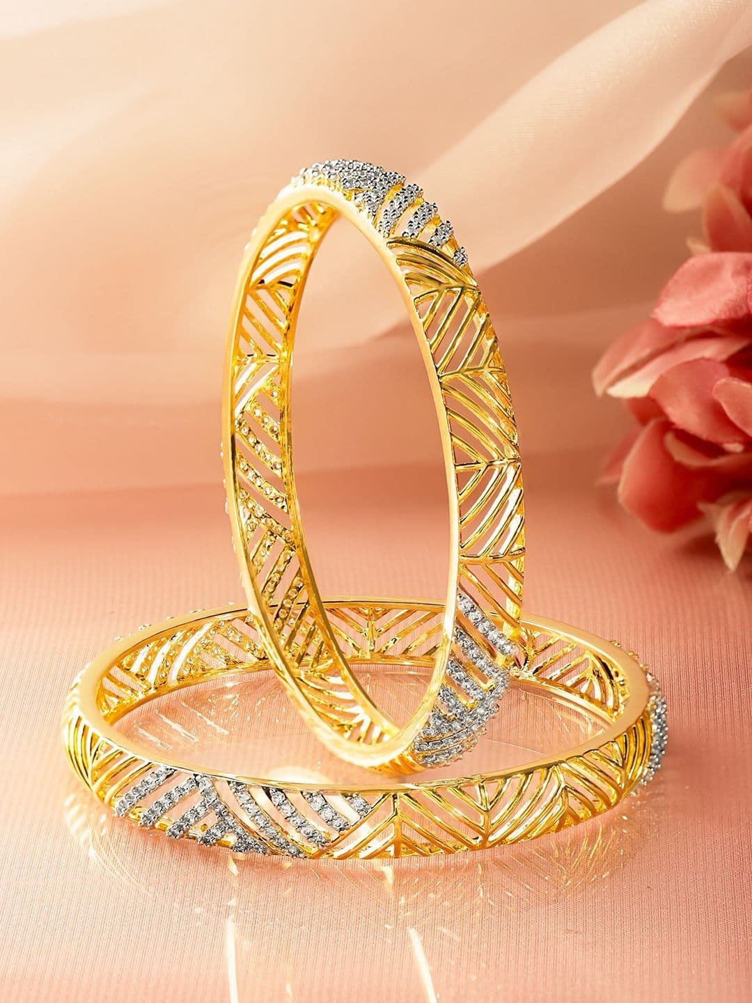 Rubans Set of 2 18K Gold-Plated Brass Cubic Zirconia Studded Cutwork Bangles - view 1