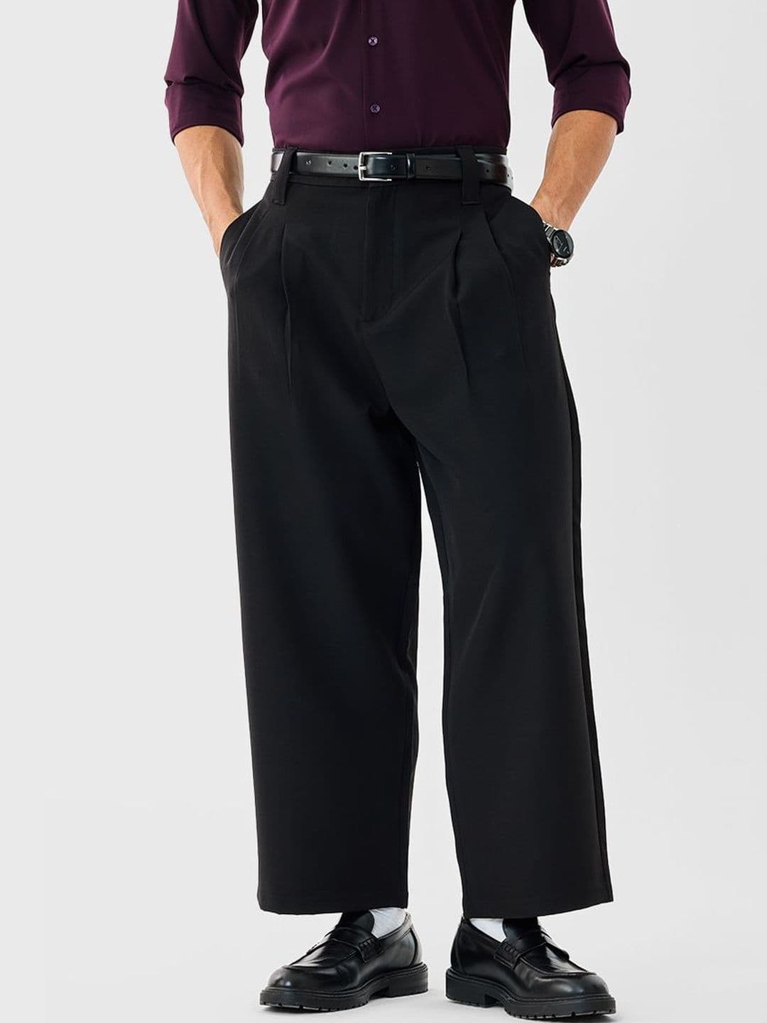 Snitch Men High-Rise Baggy Fit Pleated Plain Formal Trousers - view 1