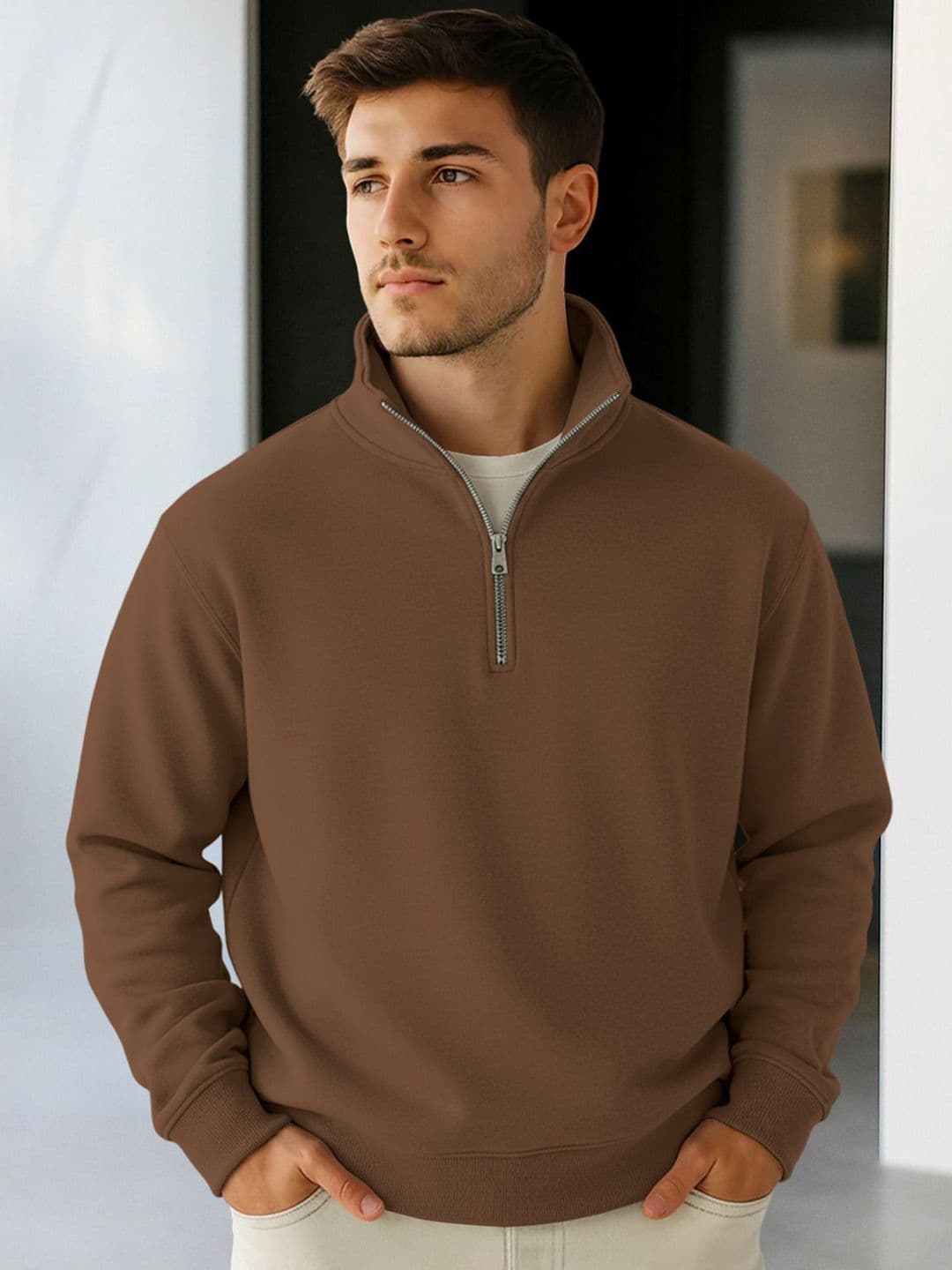 Fashion And Youth Men Solid Half Zipper Pullover Sweatshirt - view 1