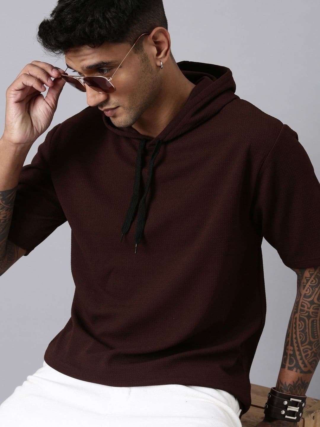 LEWEL Men Solid Hooded T-shirt - view 1