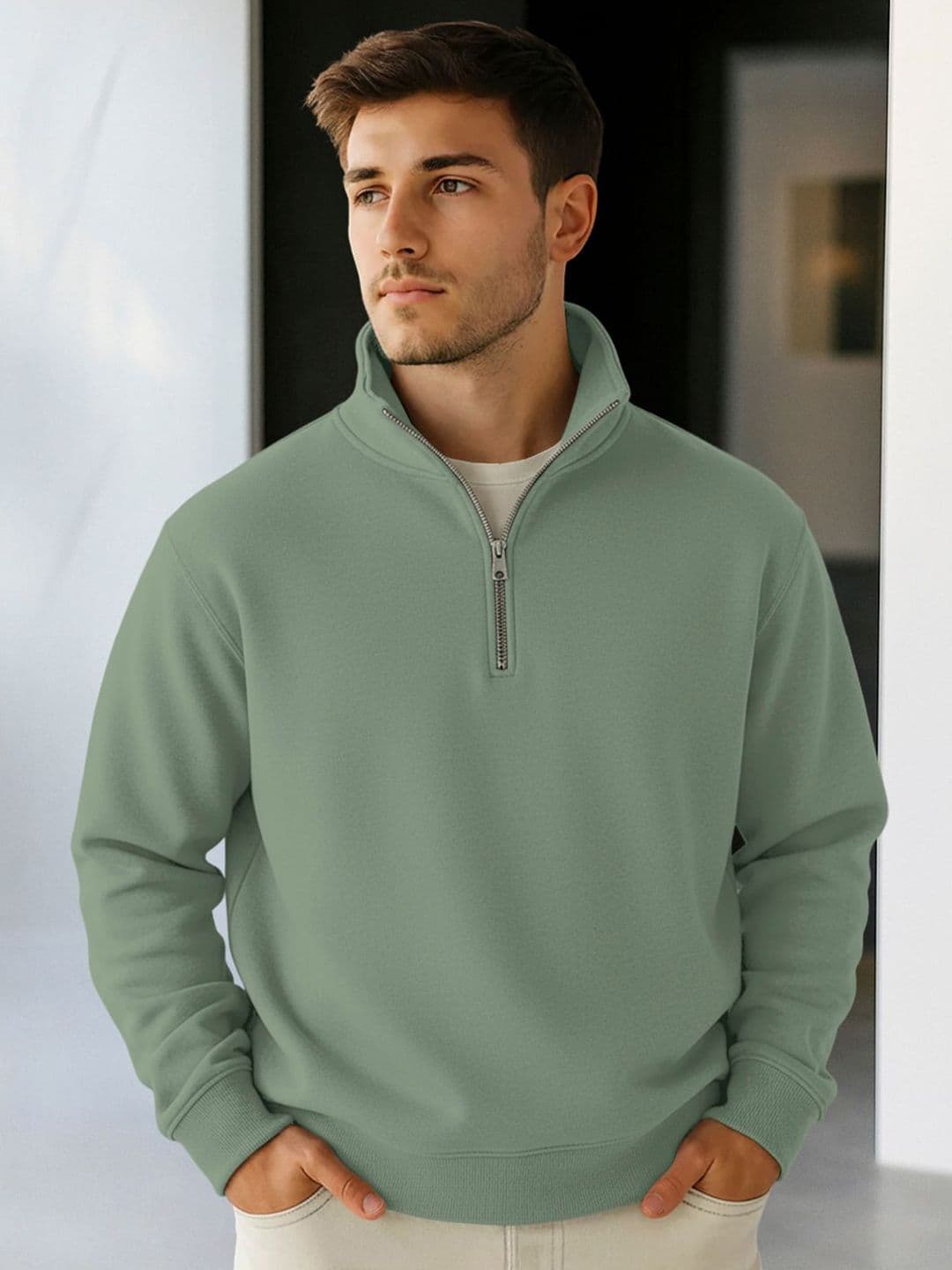 Fashion And Youth Men Solid Half Zipper Pullover Sweatshirt - view 1
