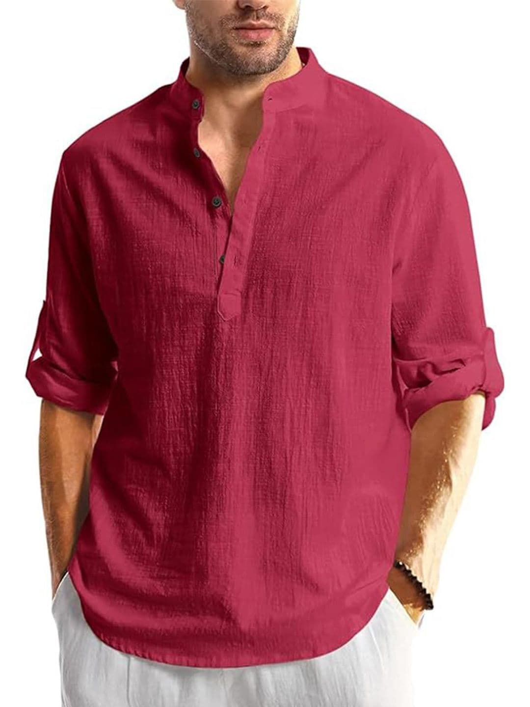 TrendiVastra Band Collar Roll-Up Sleeves Straight Kurta - view 1