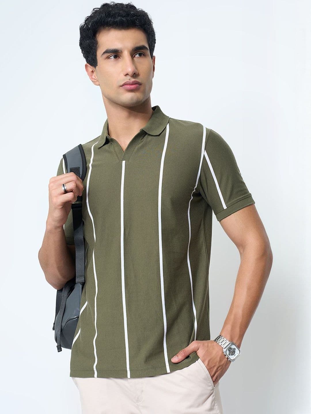 Peregrine by Pantaloons Striped Polo Collar Slim Fit Cotton T-shirt - view 1