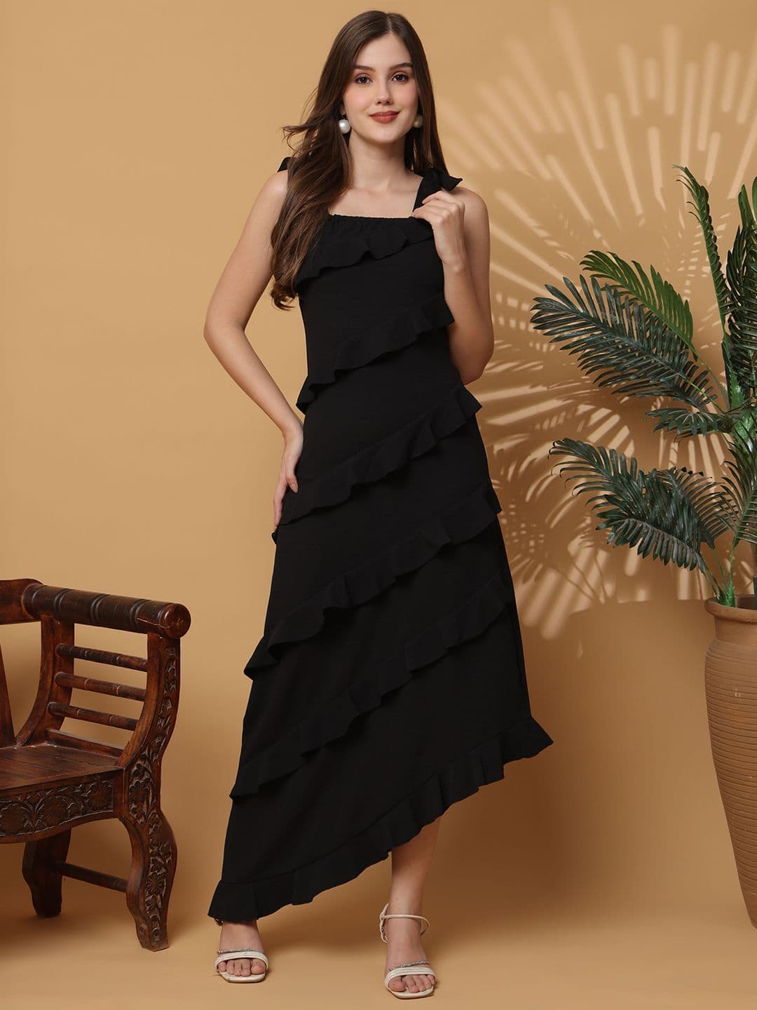 NEUDIS Ruffled Layered Asymmetric Hem Bodycon Maxi Dress - view 1