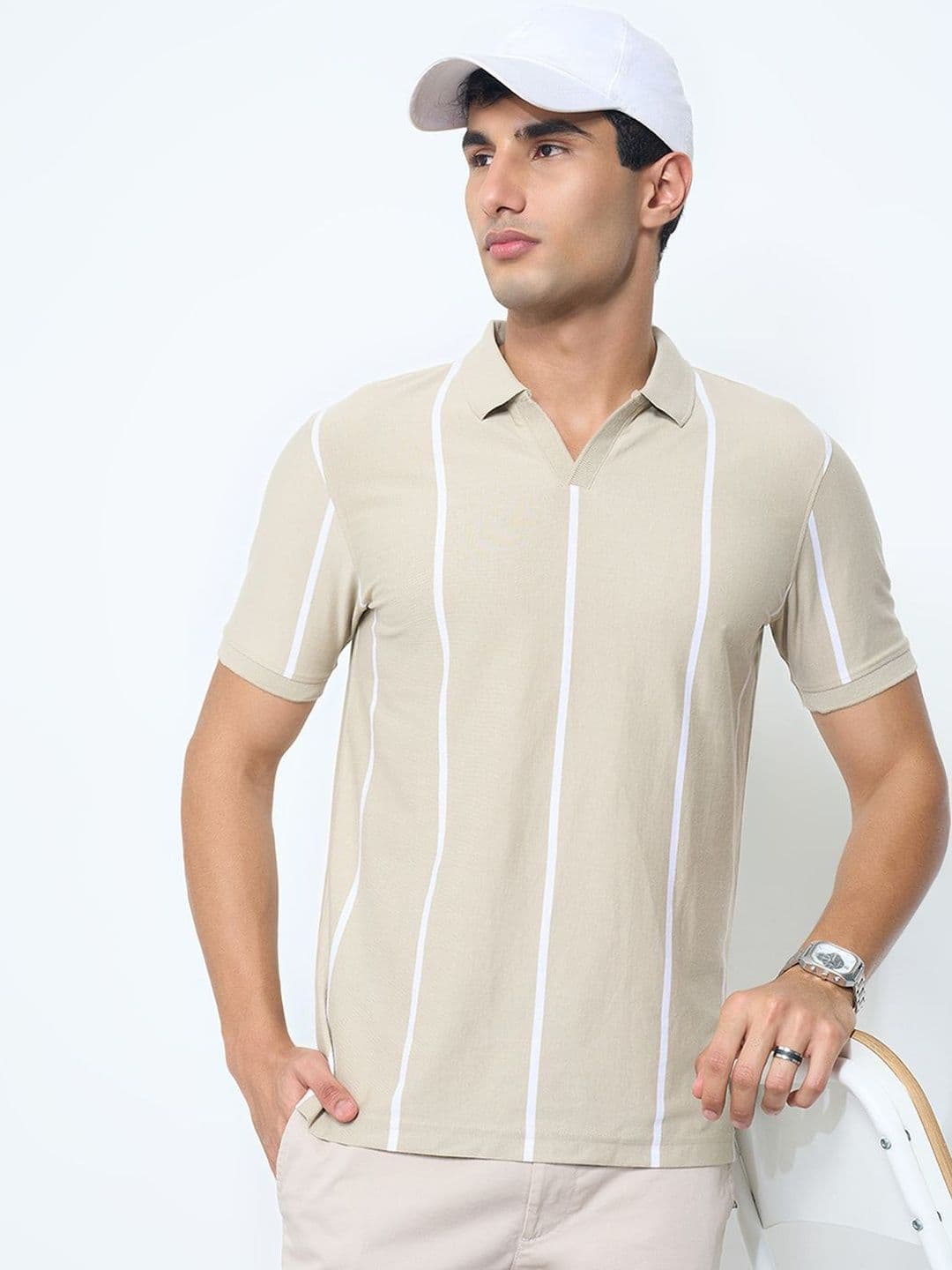 Peregrine by Pantaloons Striped Polo Collar Slim Fit Cotton T-shirt - view 1