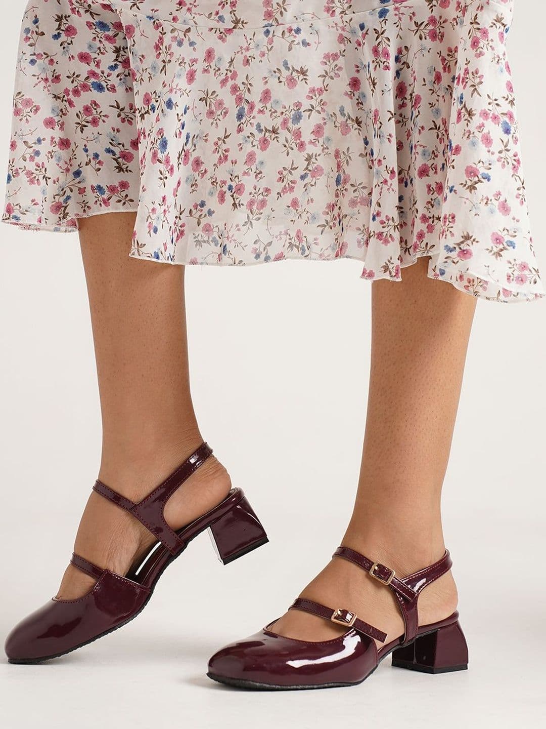 JM Looks Embellished Glossy Double Strap Mary Jane Slingback Block Heels - view 1