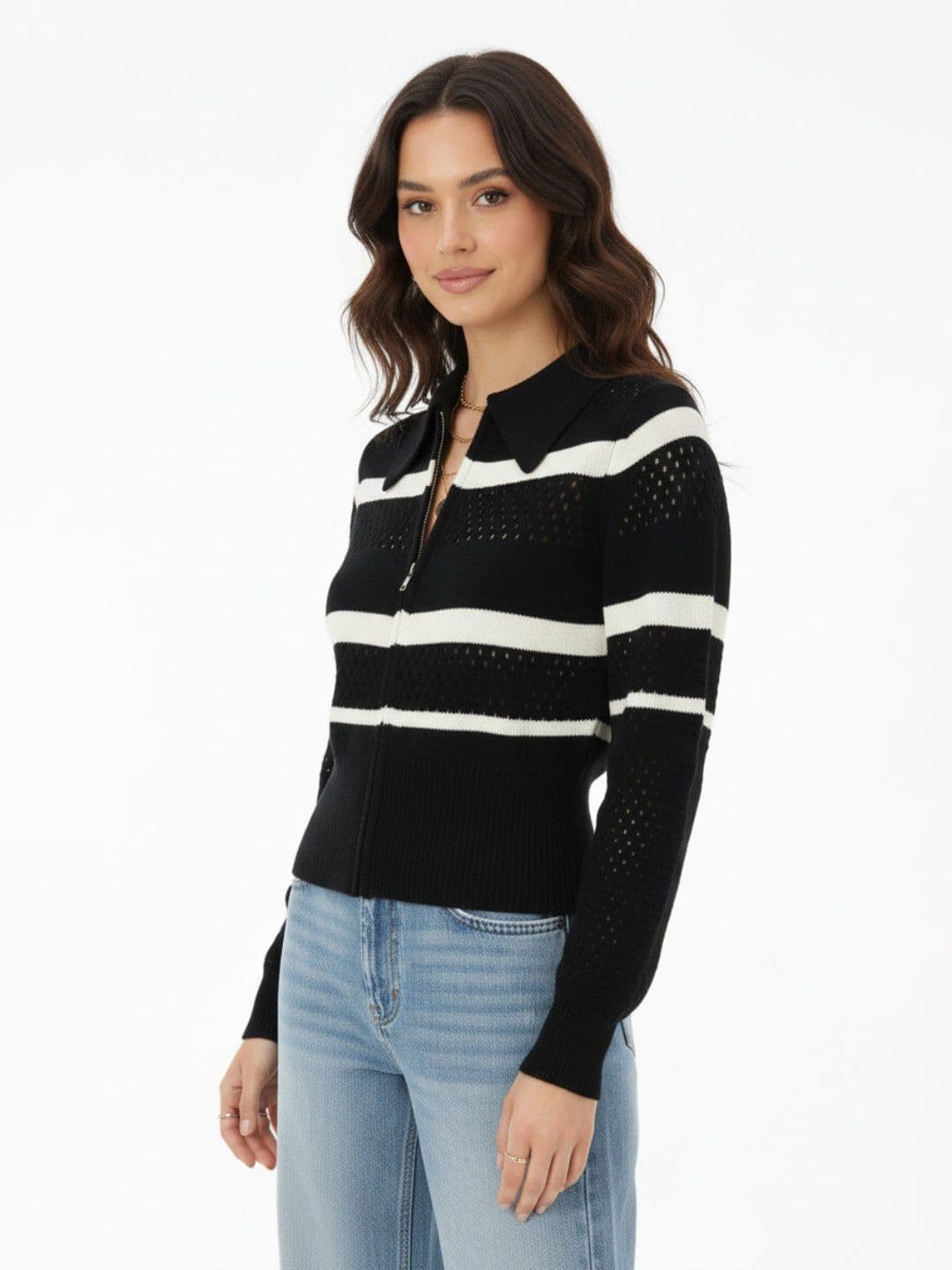 glitchez Open Knit Striped Zip Closure Cardigan - view 1