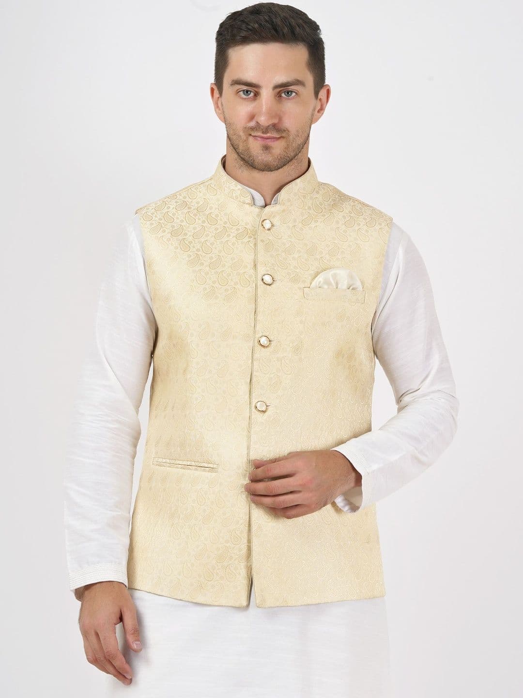 Badoliya & Sons Woven Design Mandarin Collar Nehru Jacket With Pocket Square - view 1
