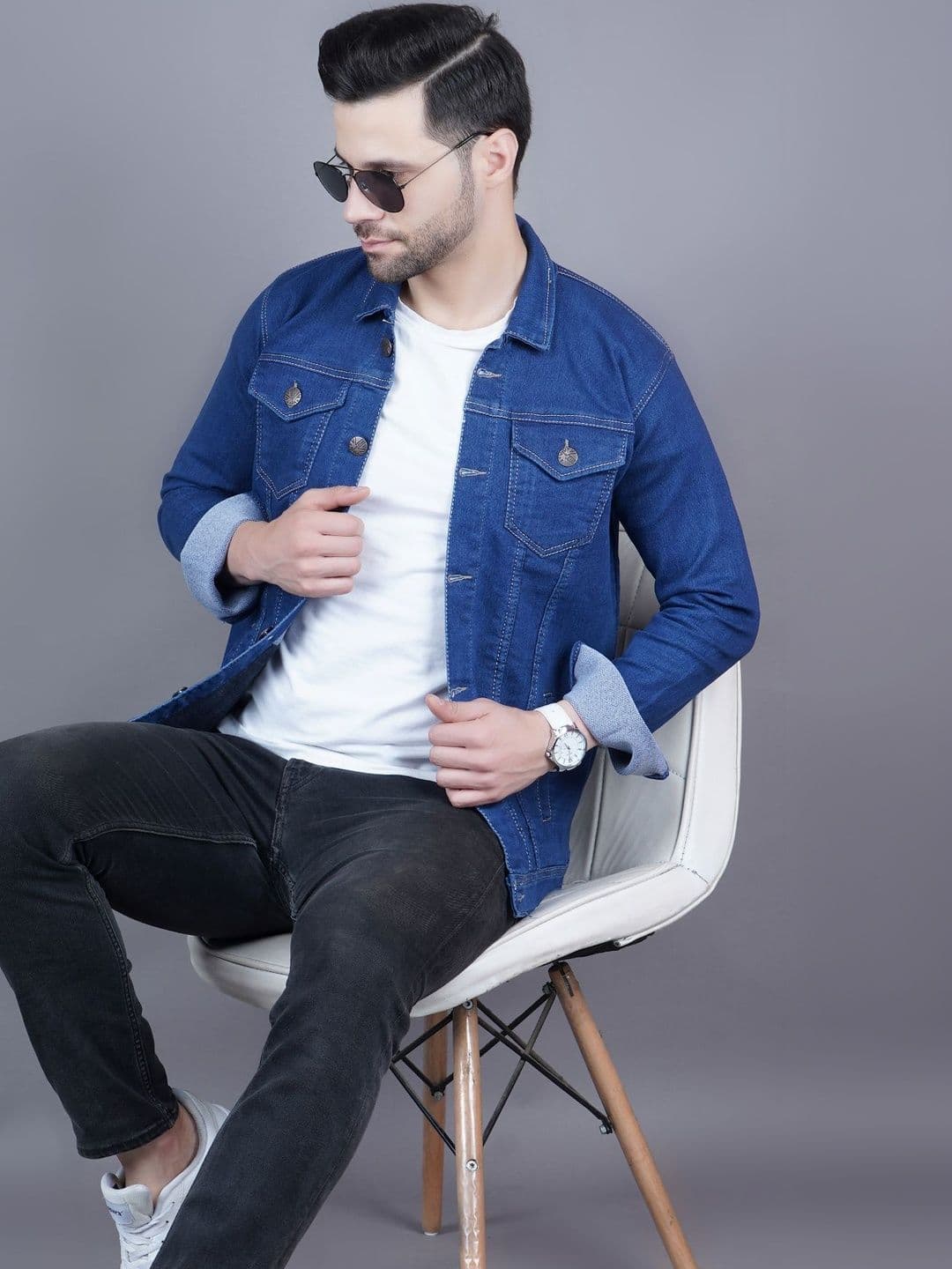 SZN Men Striped Outdoor Denim Jacket with Patchwork - view 1