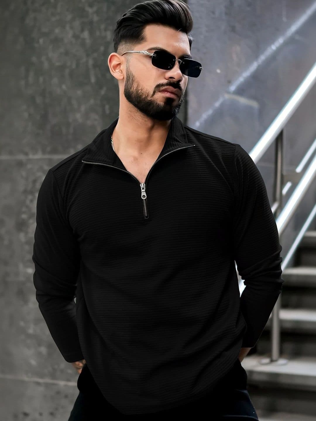 KAJARU Men Self Design Textured High Neck T-shirt - view 1