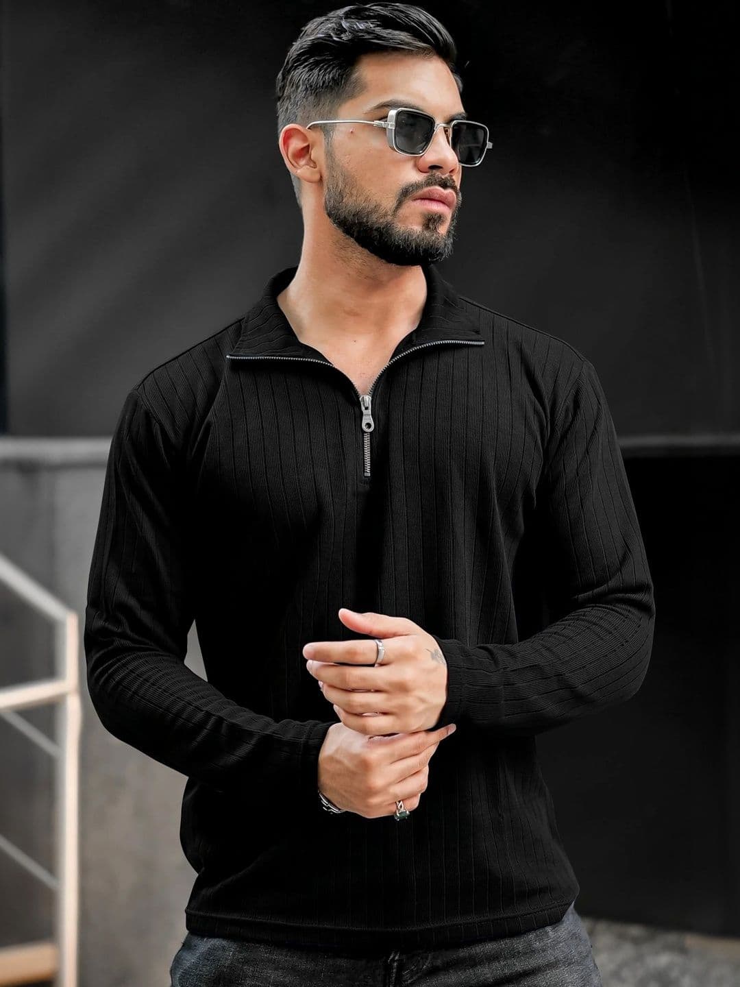 KAJARU Men Self Design Polo Collar Zipper T-shirt - view 1