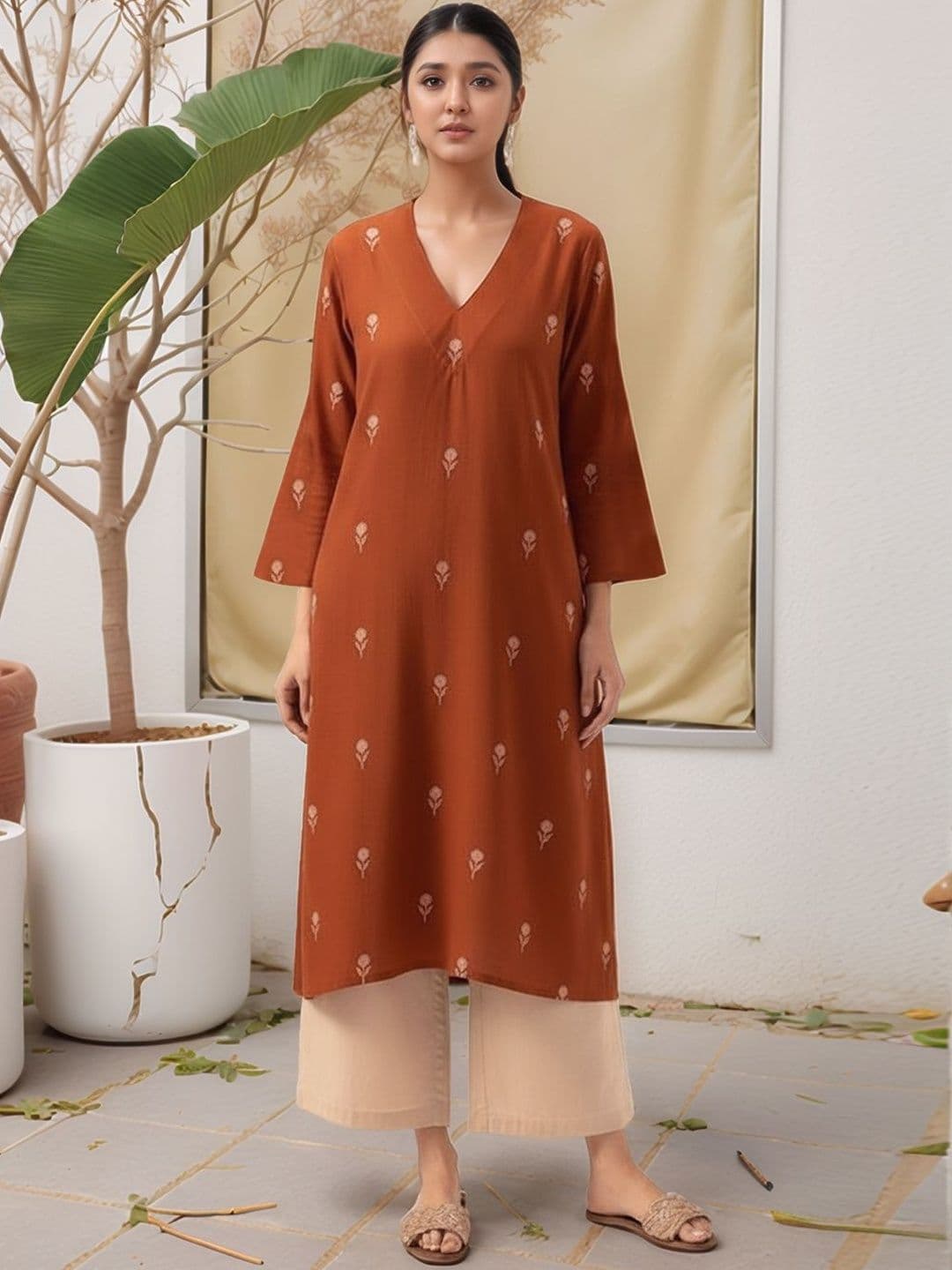 SZN Floral Printed Three-Quarter Sleeves Straight Kurta With Palazzos - view 1