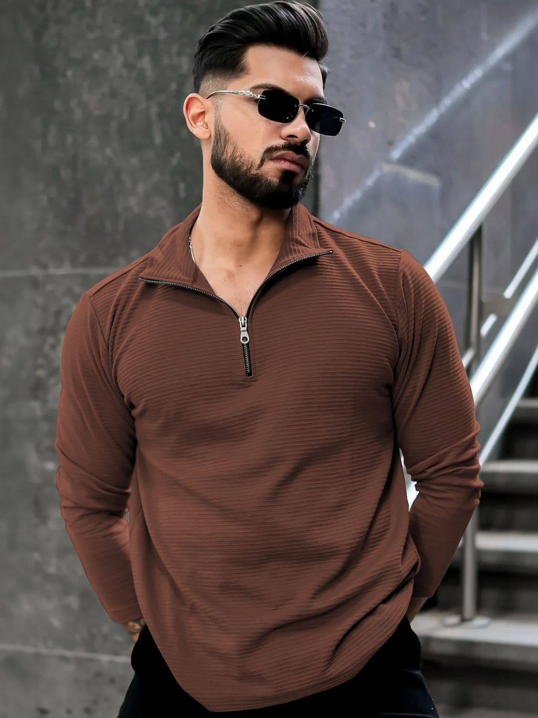 KAJARU Men Self Design Regular Fit Polo Neck Half Zipper Long Sleeves Henley Neck T-shirt - view 1
