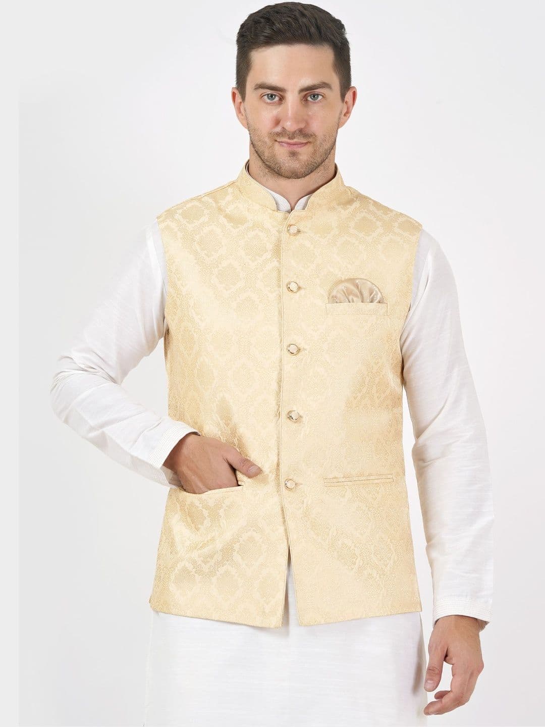 Badoliya & Sons Men Woven Design Mandarin Collar Nehru Jacket With Pocket Square - view 1