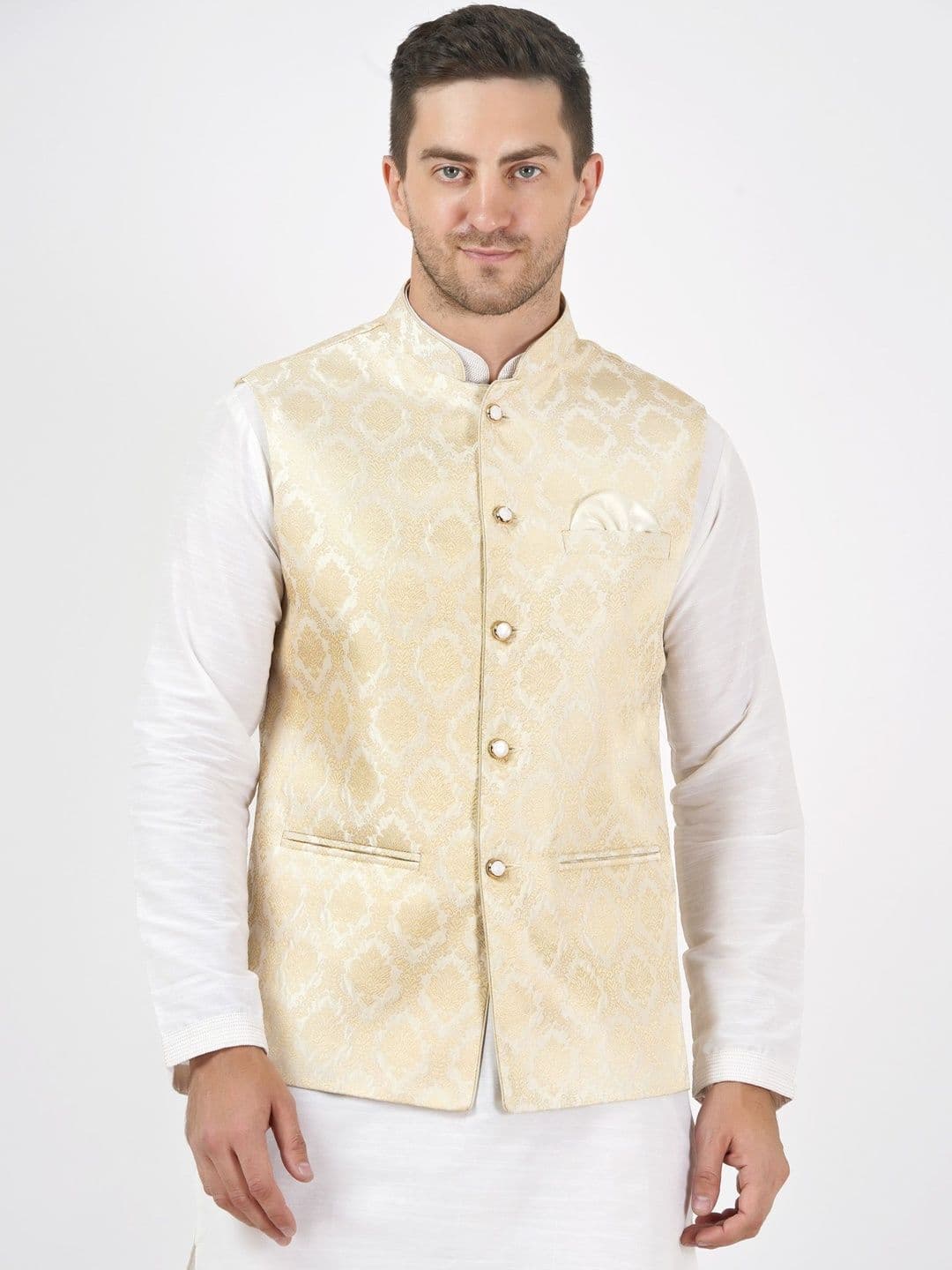 Badoliya & Sons Woven Design Mandarin Collar Nehru Jacket With Pocket Square - view 1