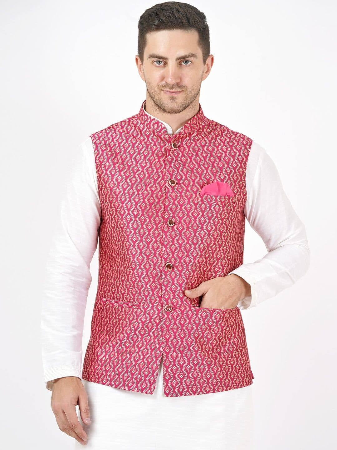Badoliya & Sons Men Woven Design Mandarin Collar Nehru Jacket With Pocket Square - view 1