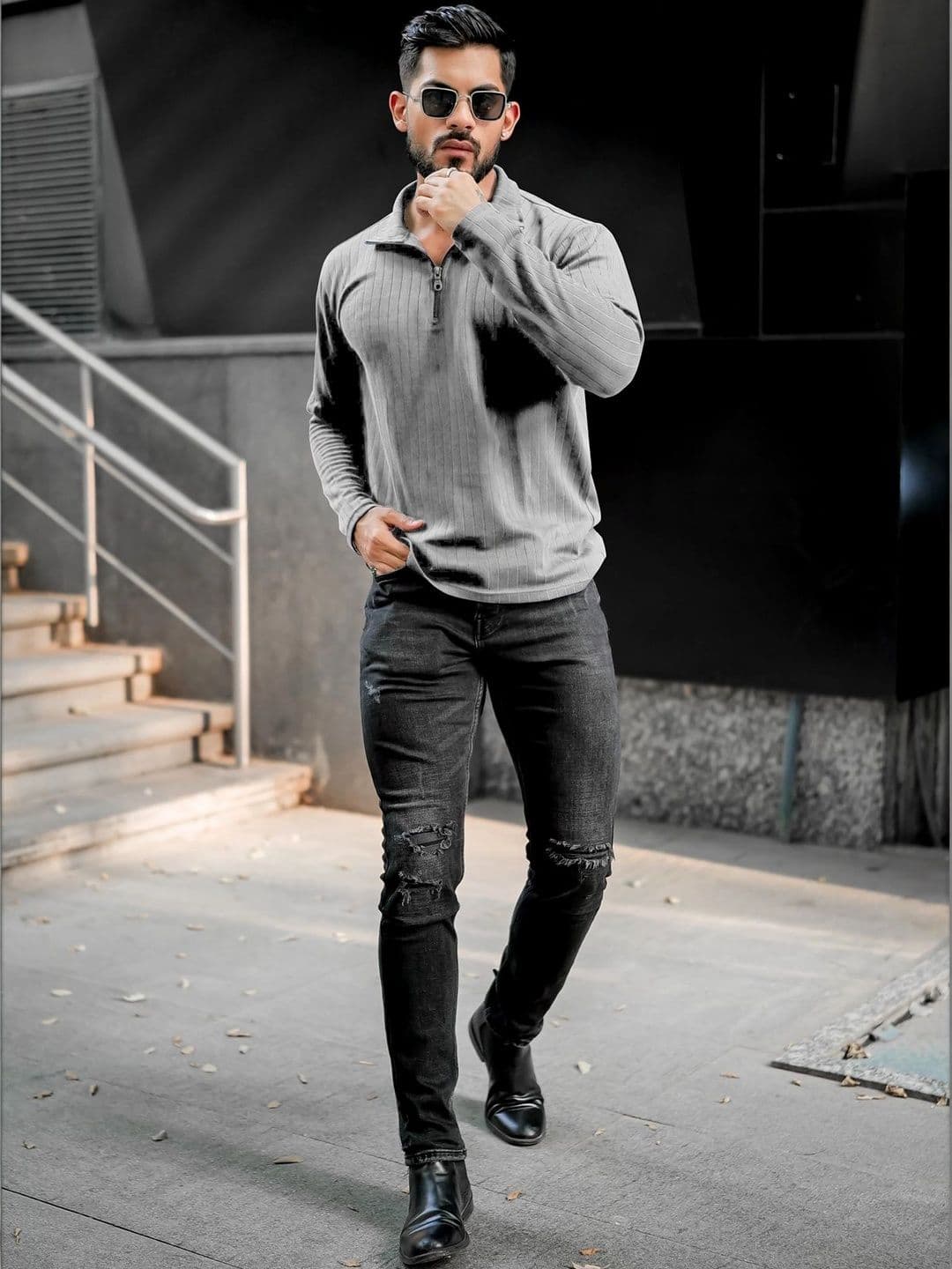 HAPPY KHAJANA Men Polo Collar Long Sleeves Zipper Chain Regular Fit T-shirt - view 1