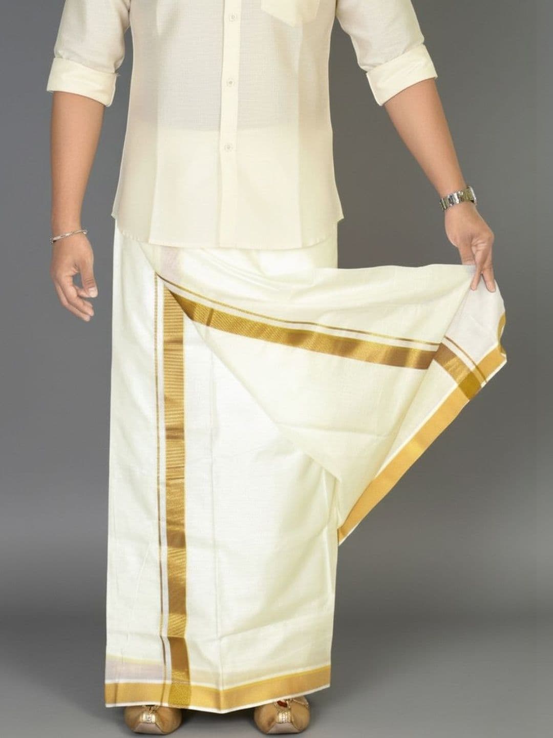 TUNI MANI Men Cotton Dhoti with Zari Border - view 1