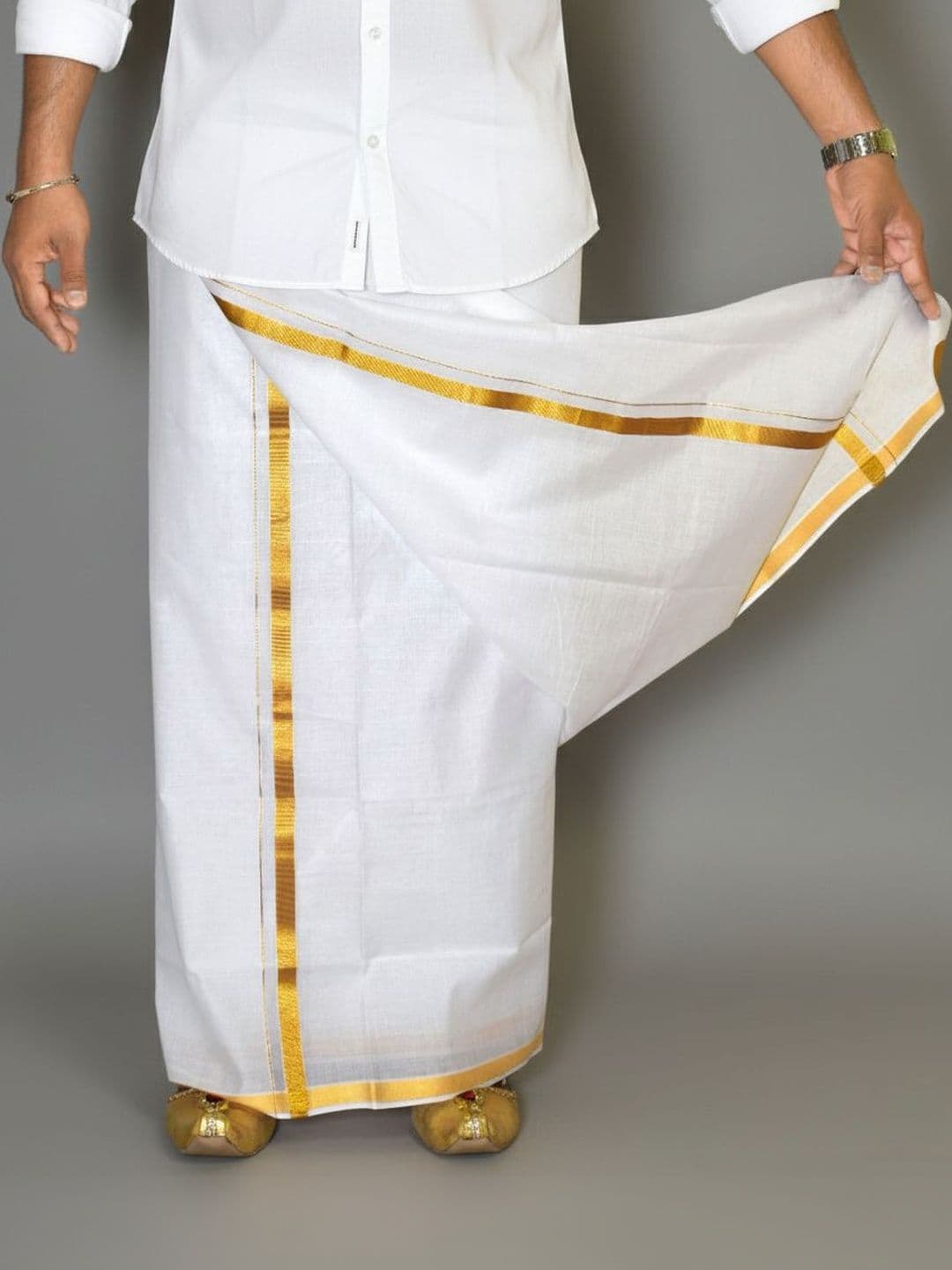 TUNI MANI Men Cotton Dhoti with Zari Border - view 1