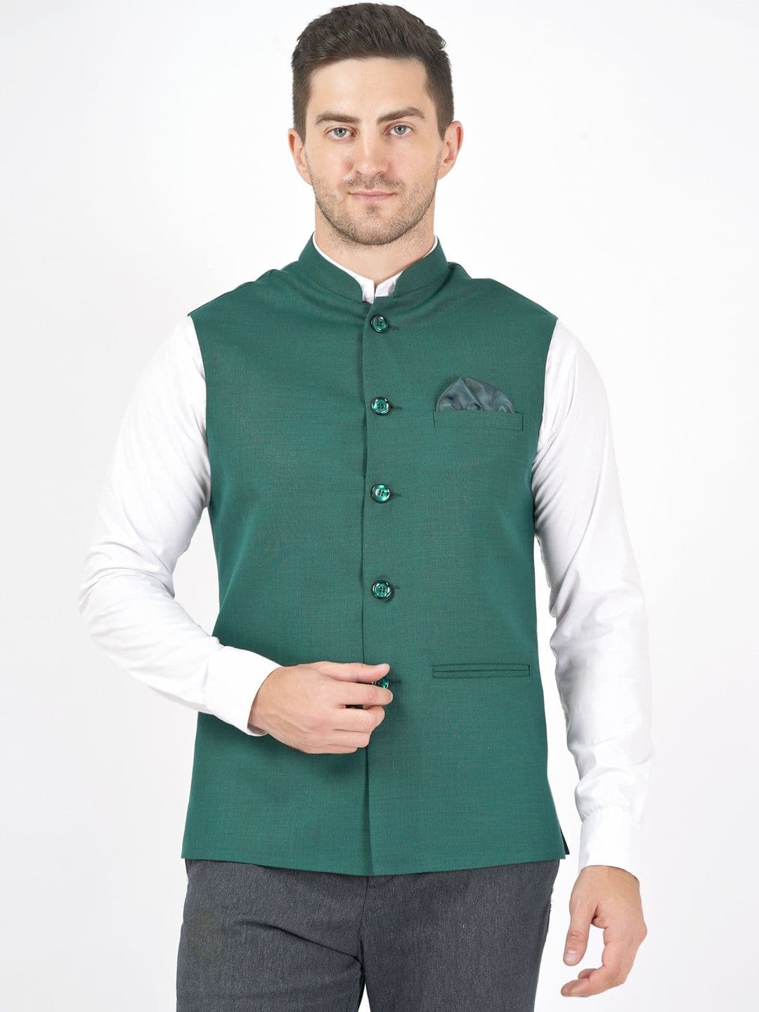 Badoliya & Sons Men Solid Mandarin Collar Nehru Jackets with Pocket Square - view 1