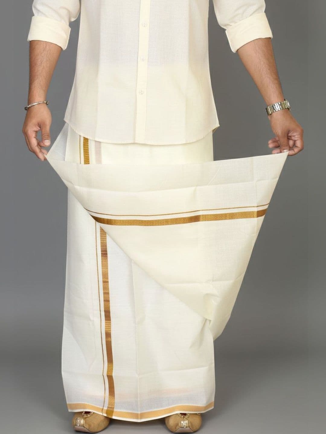 TUNI MANI Men Cotton Dhotis with Zari Border - view 1