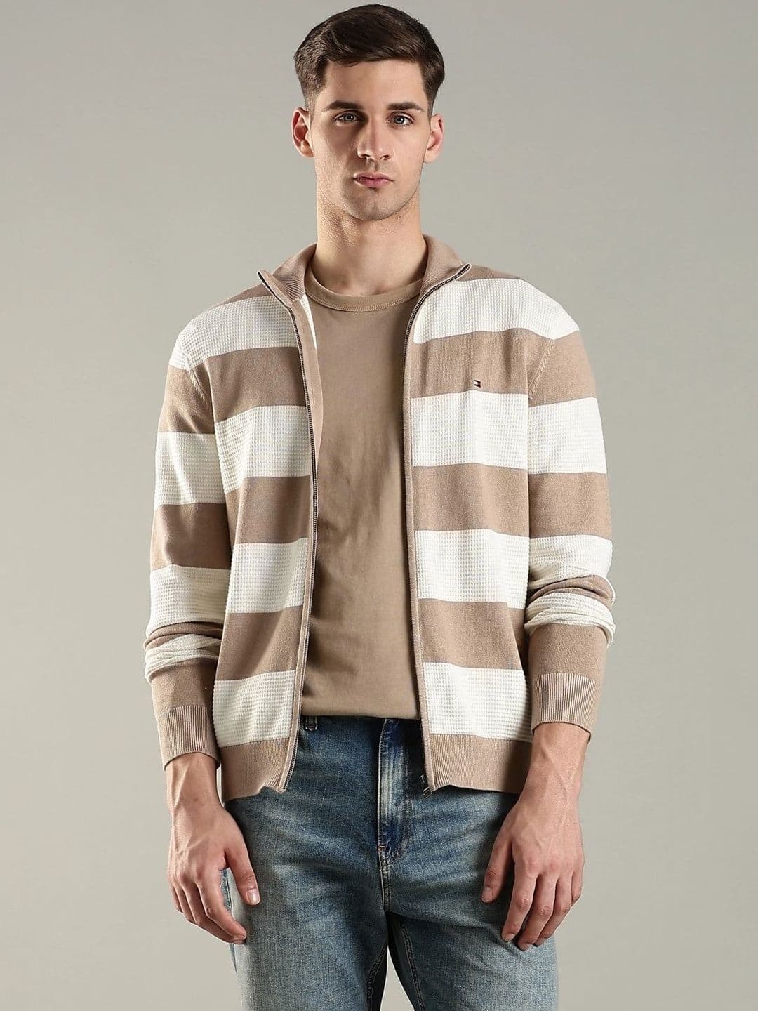 Tommy Hilfiger Striped Stand Collar Organic Cotton Open Front Jacket - view 1