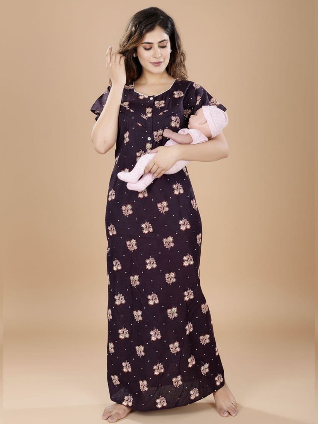 ANKONA Women Floral Printed Round Neck Cotton Maternity Maxi Feeding Nightdress - view 1