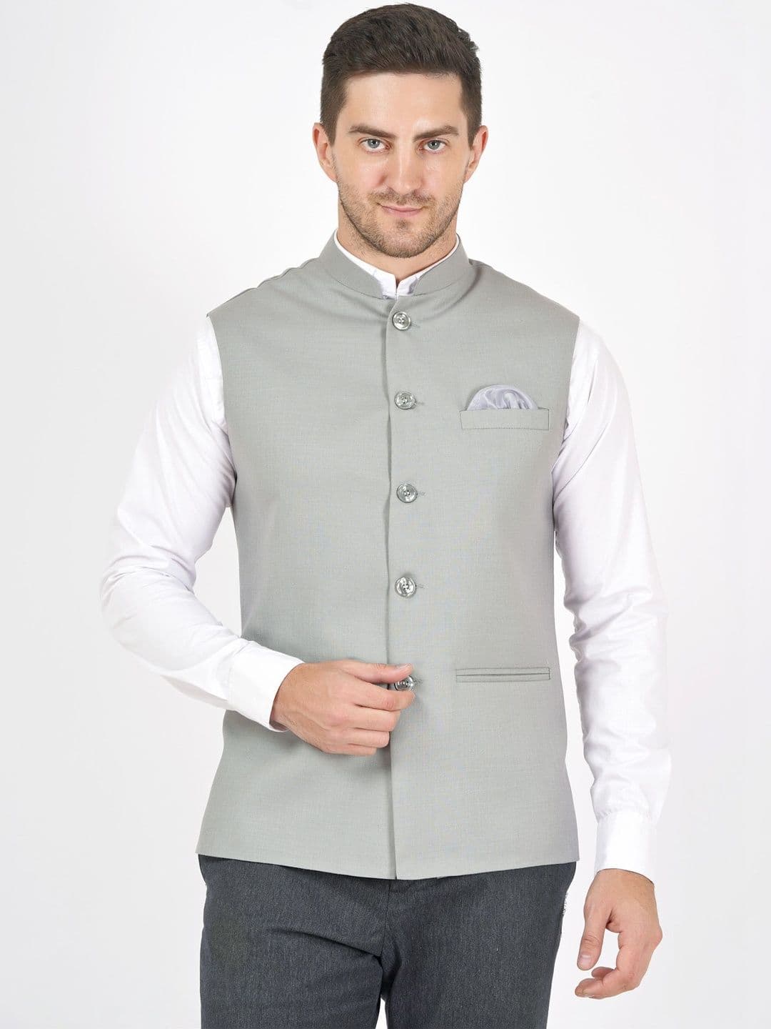 Badoliya & Sons Cotton Linen Woven Nehru Jacket With Pocket Square - view 1