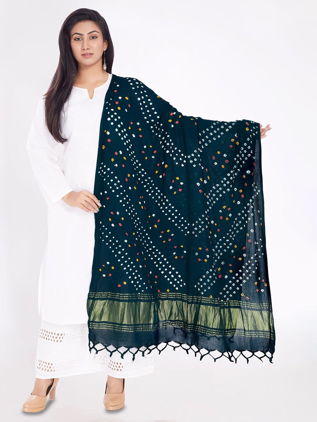 Rani Saahiba Bandhani Printed Zari Work Tasselled Border Detail Dupatta - view 1