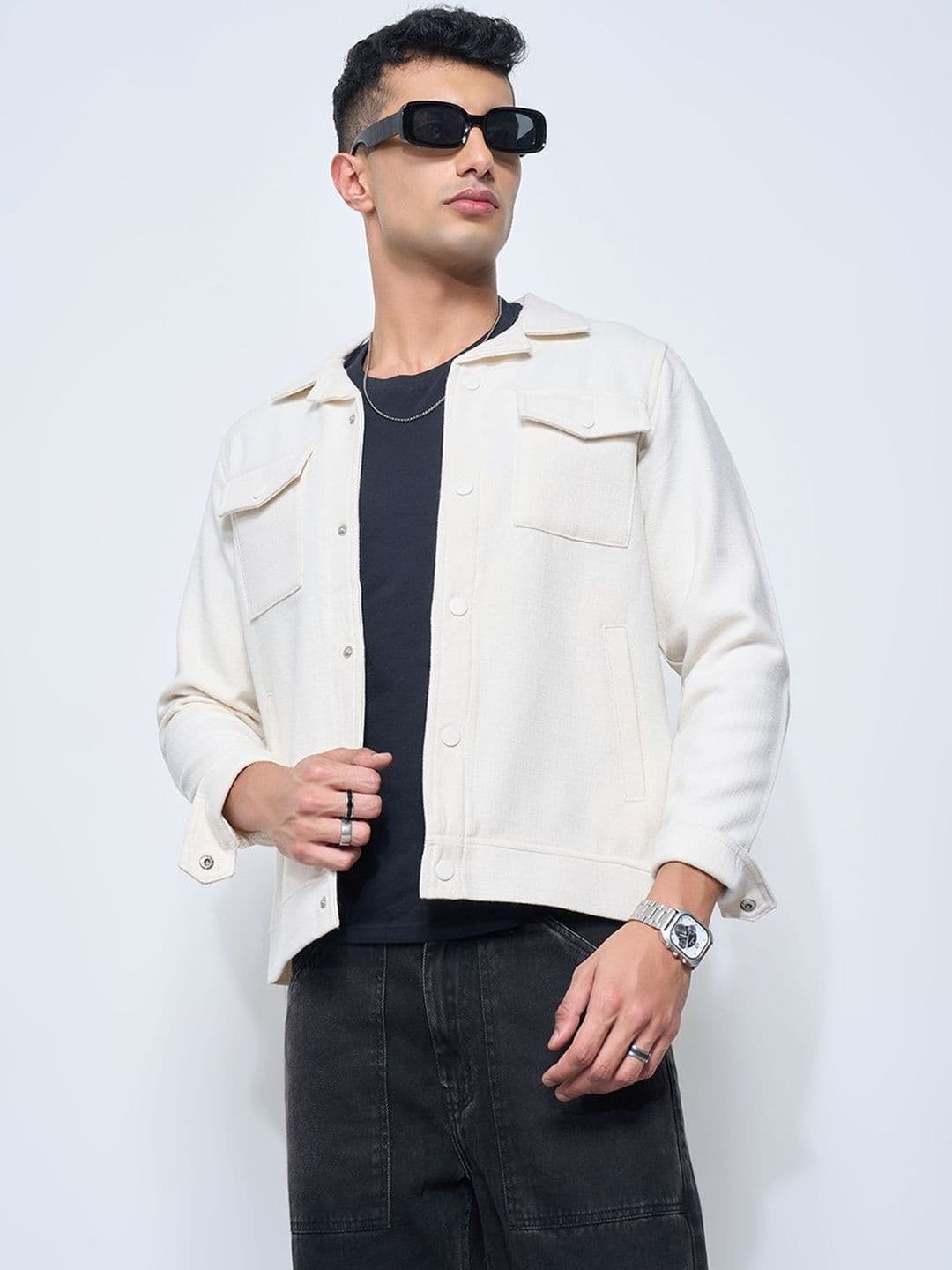 People Men Washed Crop Denim Jacket with Patchwork - view 1