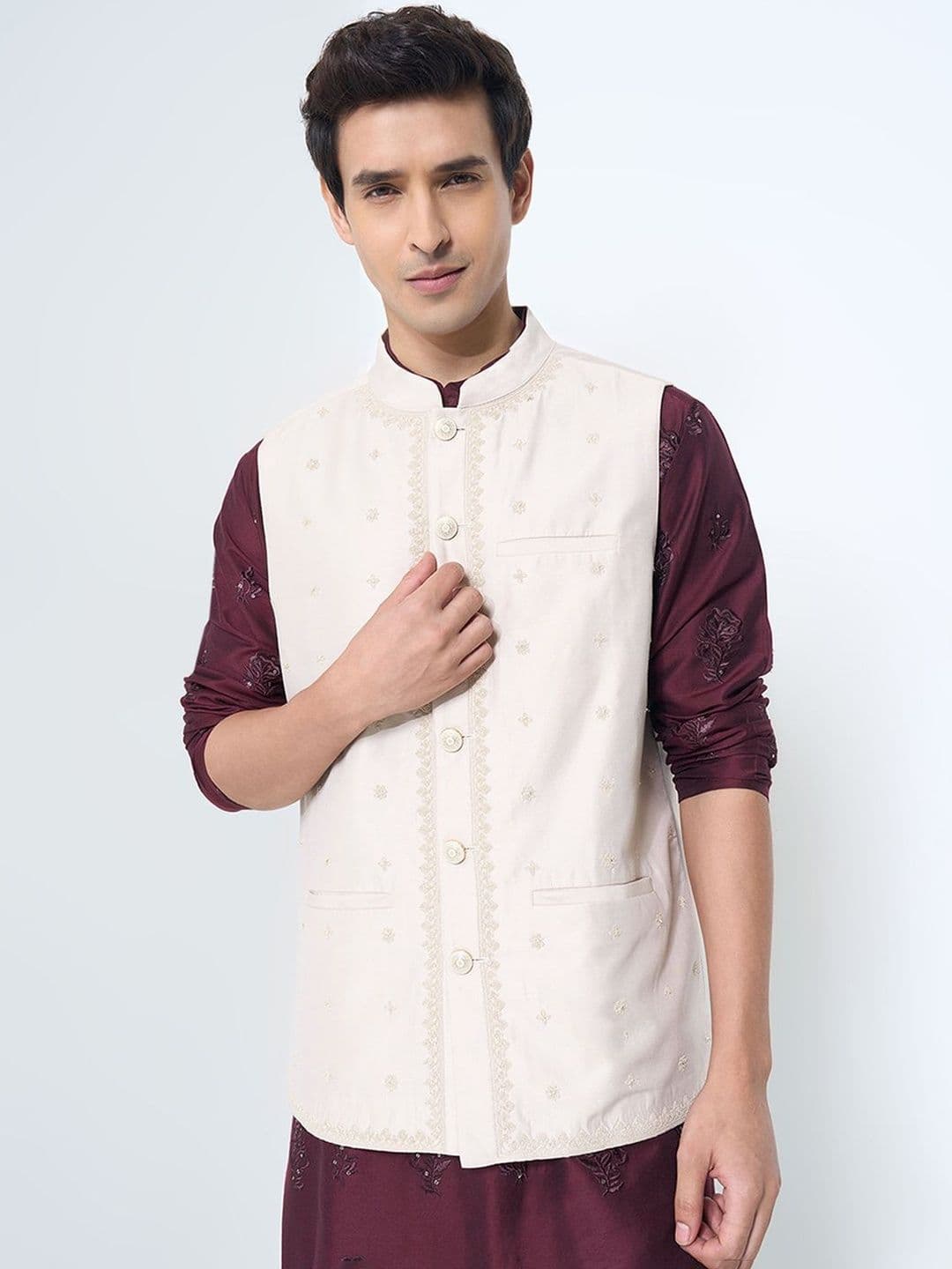 indus route by Pantaloons Men Floral Embroidered Mandarin Collar Nehru Jacket - view 1