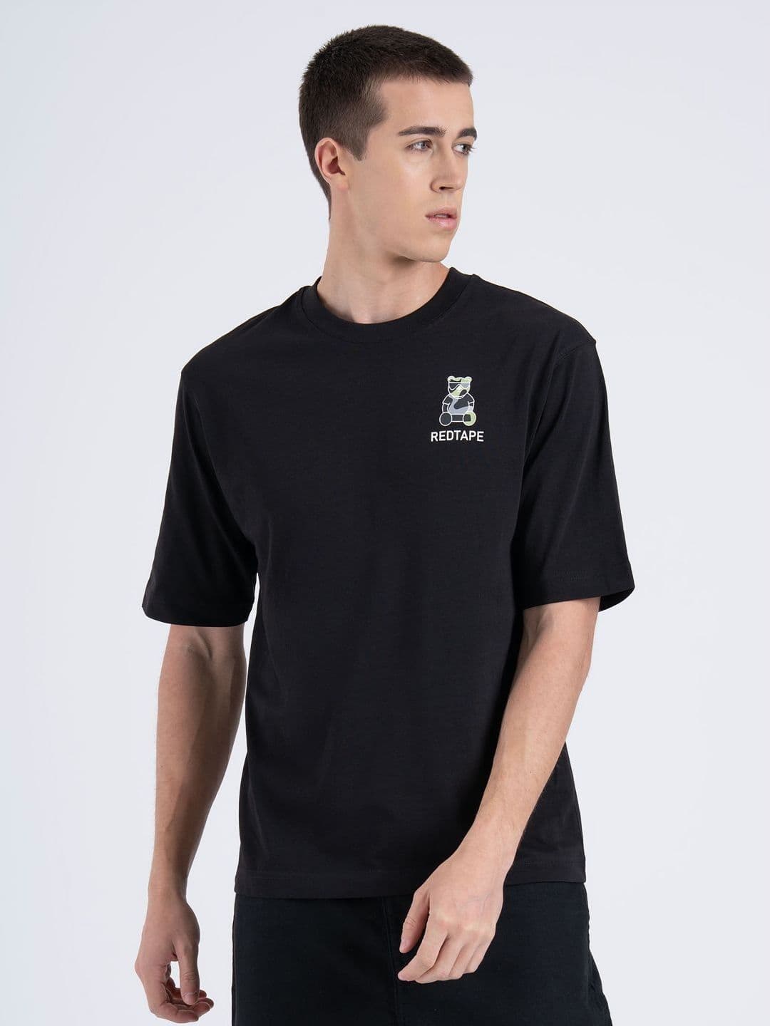 Red Tape Typography Printed Short Sleeves Cotton Oversized T-shirt - view 1