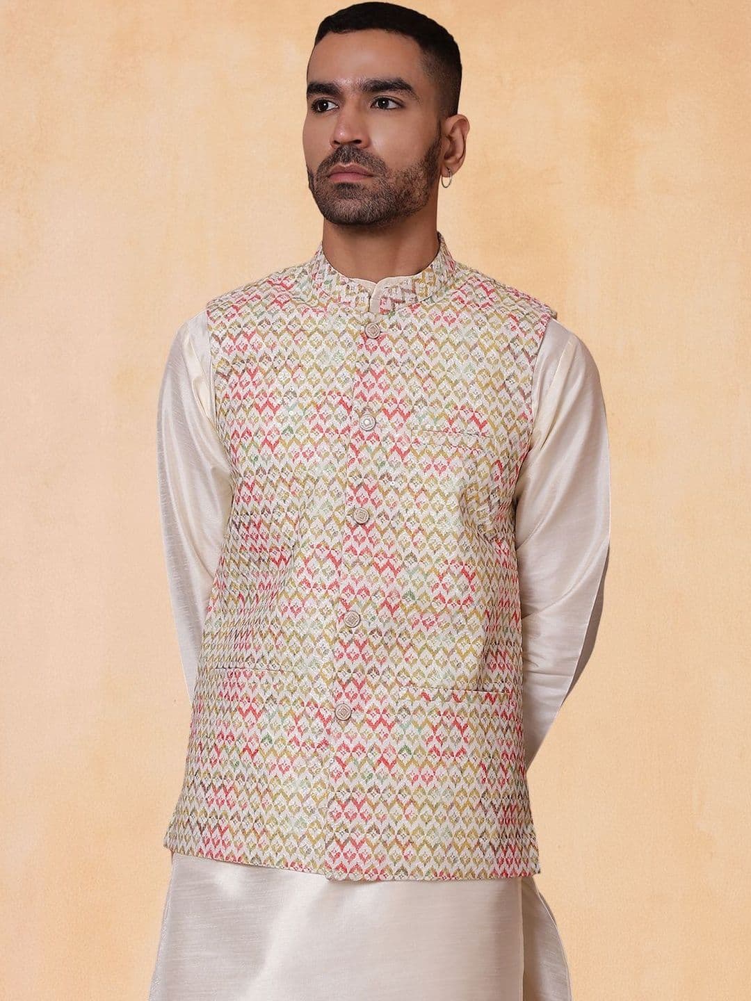Jompers Men Floral Printed Mandarin Collar Satin Nehru Jacket - view 1