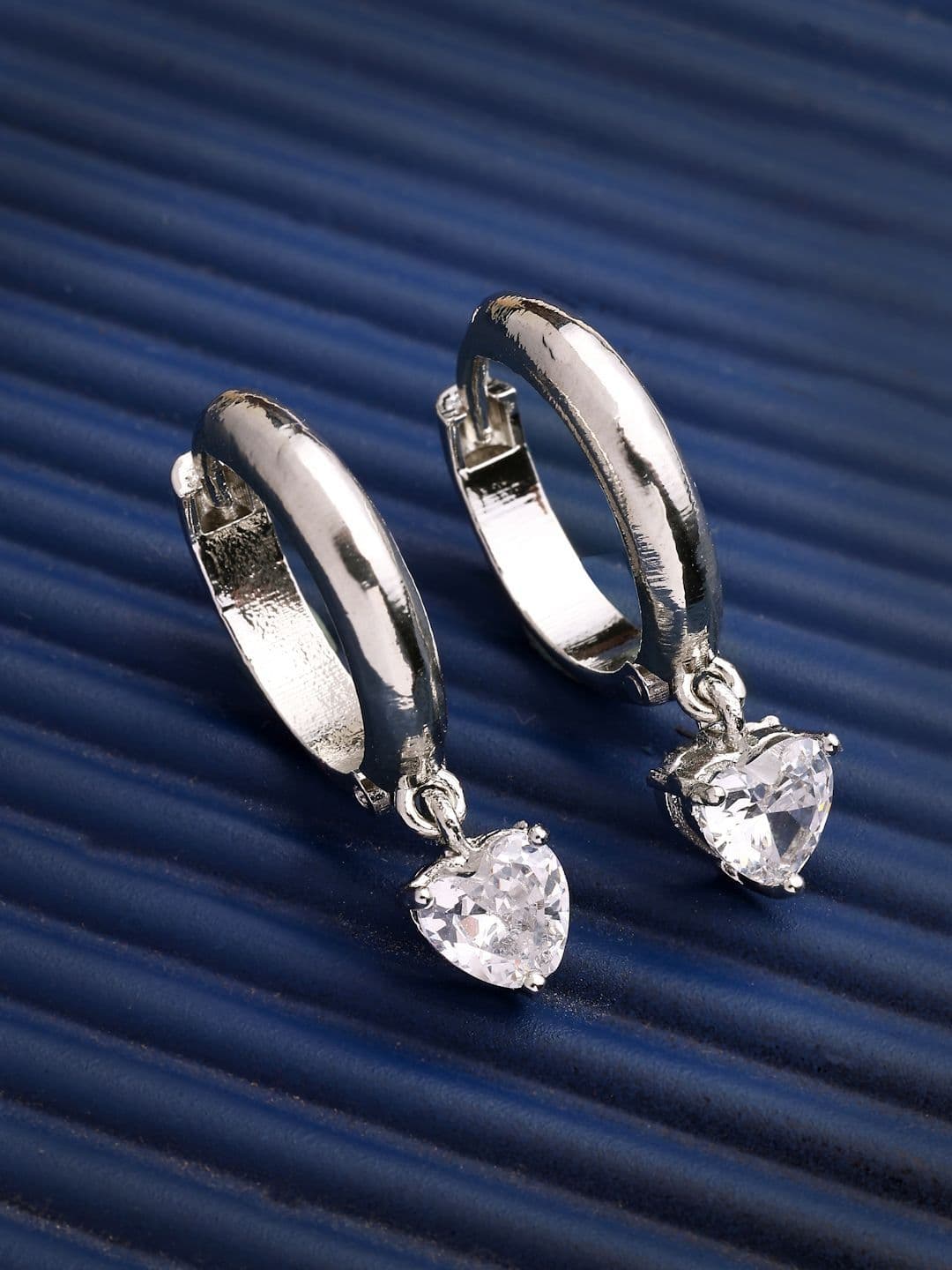ZENEME Rhodium Plated American Diamond Studded Hoop Earrings - view 1