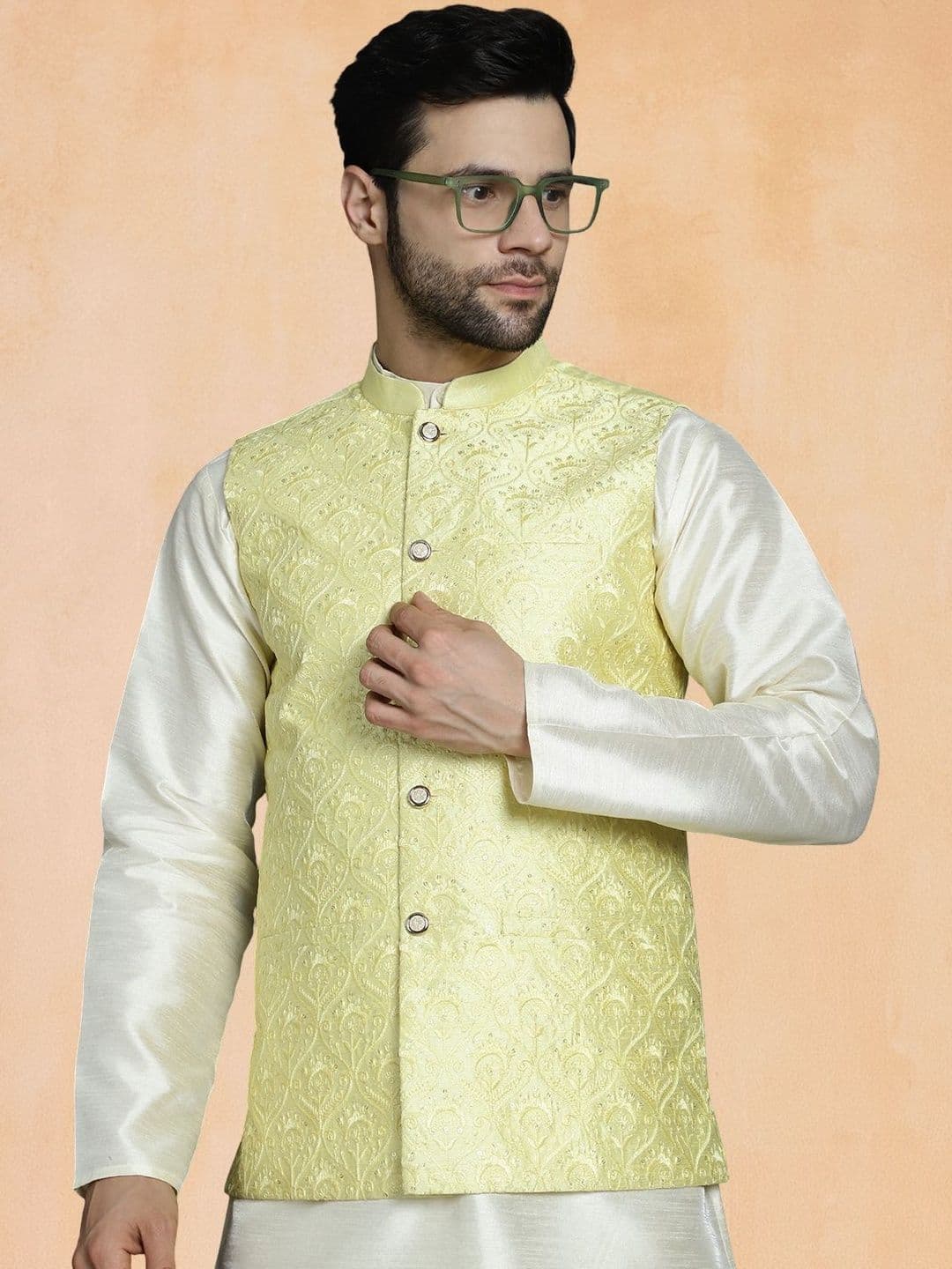 Jompers Embroidered Sequinned Mandarin Collar Silk Cotton Nehru Jacket - view 1