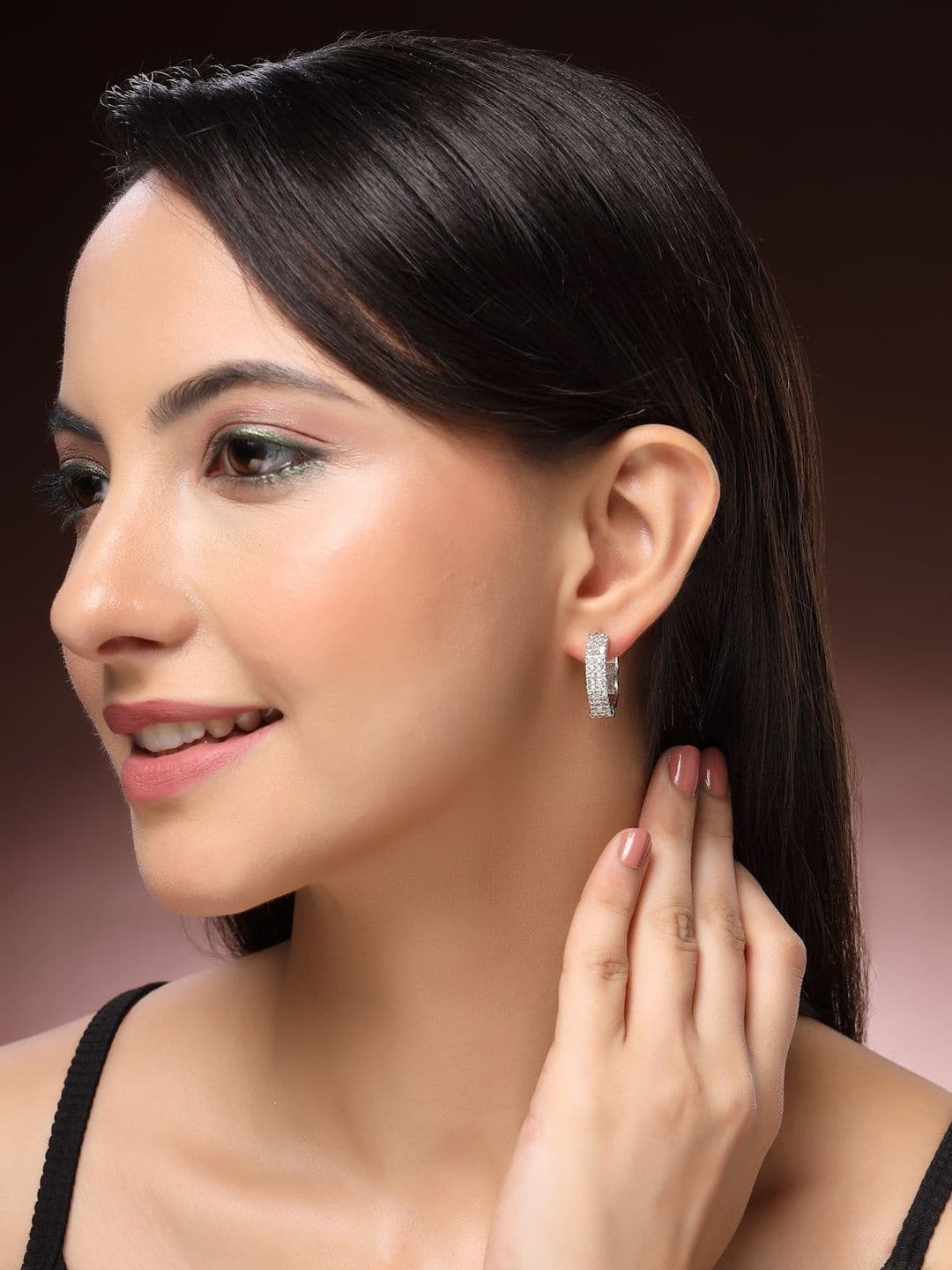 ZENEME Rhodium Plated American Diamond Studded Hoop Earrings - view 1