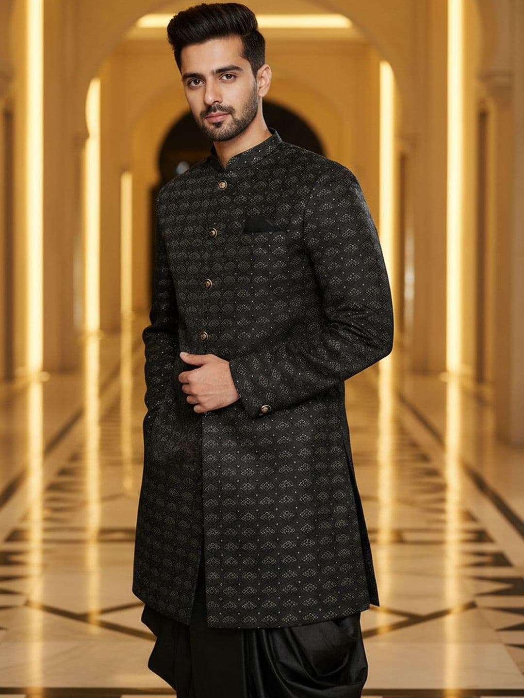 KISAH Men Woven Design Indowestern Sherwani Dhoti Set - view 1