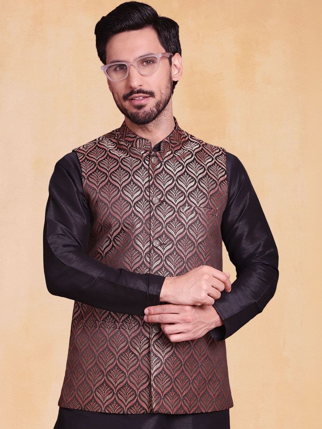 Jompers Men Woven Design Mandarin Collar Nehru Jacket - view 1