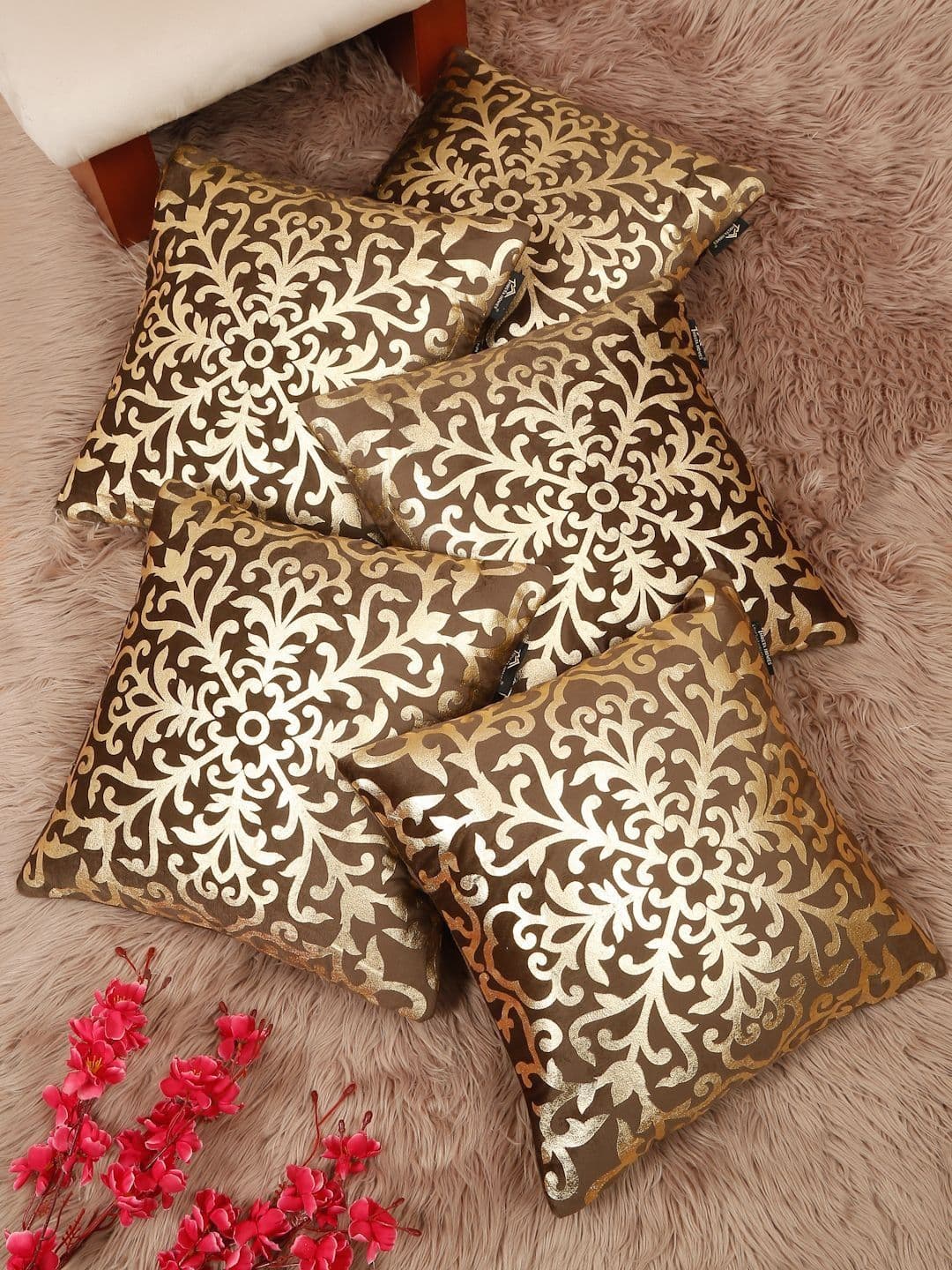 HOSTA HOMES Brown & Gold-Toned Set of 5 Ethnic Motifs Velvet Square Cushion Covers - view 1
