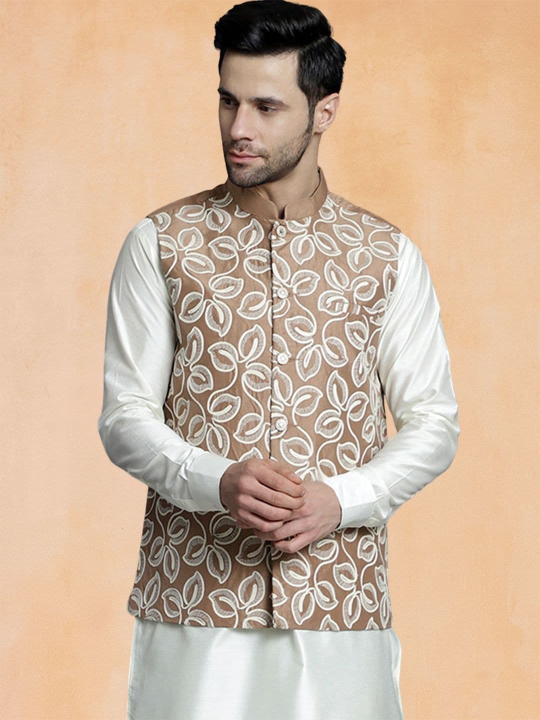 Jompers Floral Embroidered Mandarin Collar Nehru Jacket - view 1