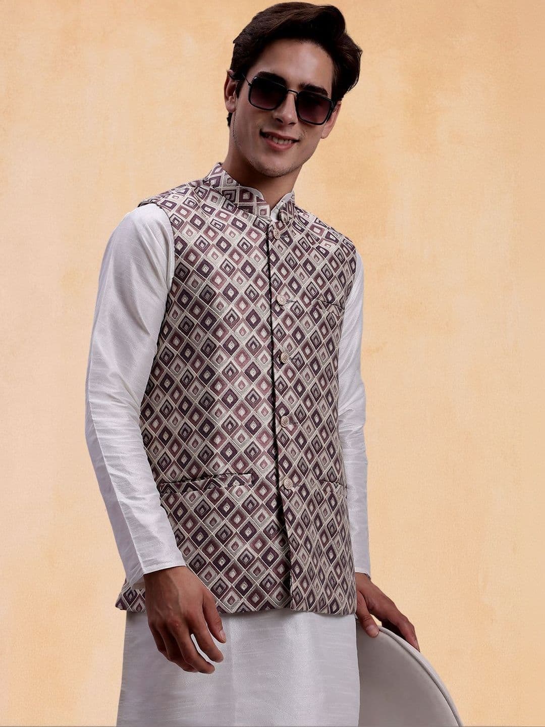 Jompers Men Woven Design Mandarin Collar Nehru Jacket - view 1