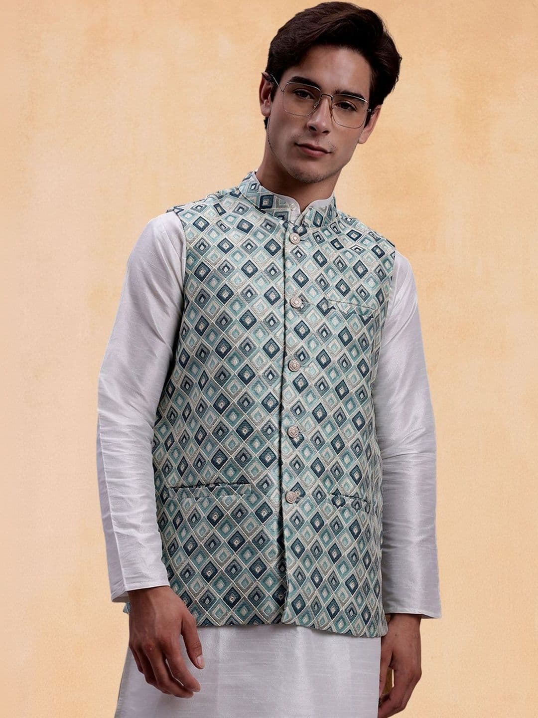 Jompers Woven Design Mandarin Collar Nehru Jacket - view 1